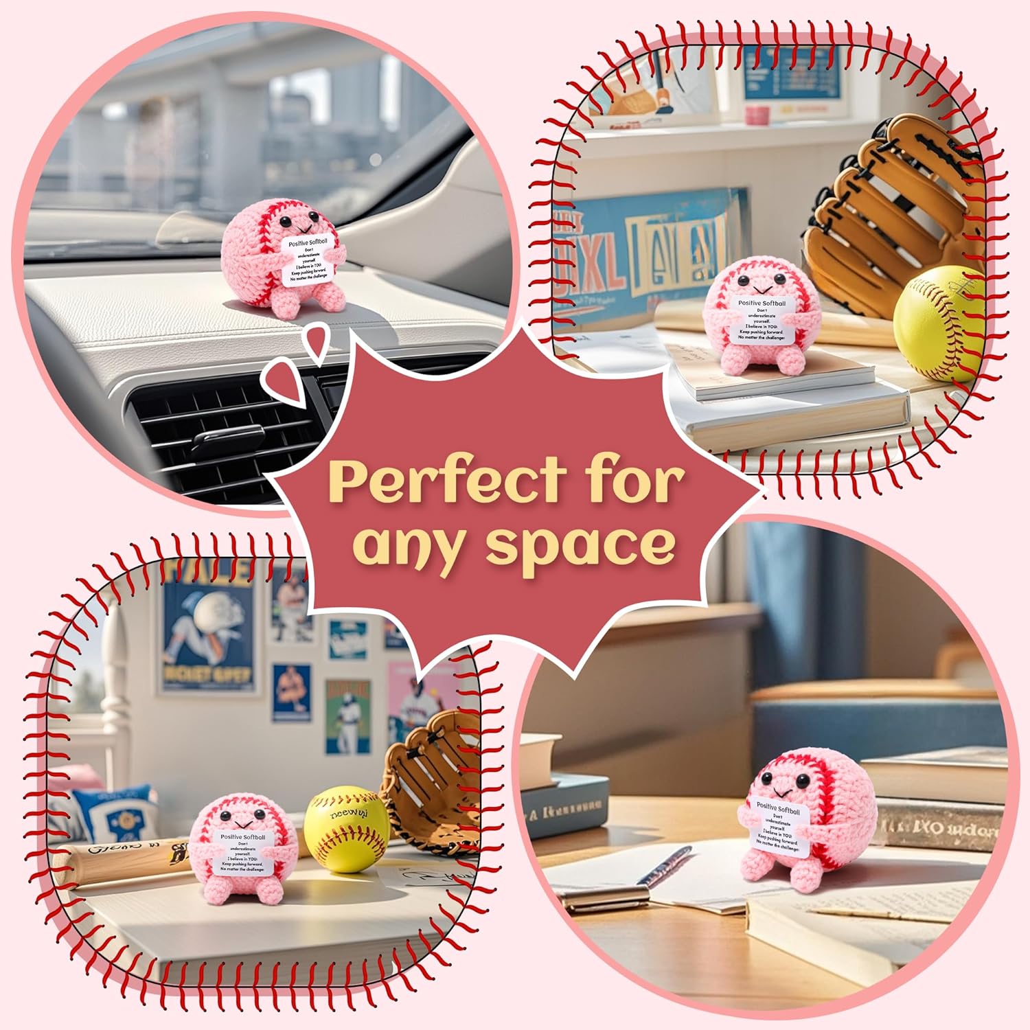 Mini Funny Positive Pink Softball Gifts for Girls, Knitted Wool Softball Crochet Toy with Positive Card, Cute Emotional Support Cheer Up Keepsake Gift for Kids Girls Women Friends Sister College