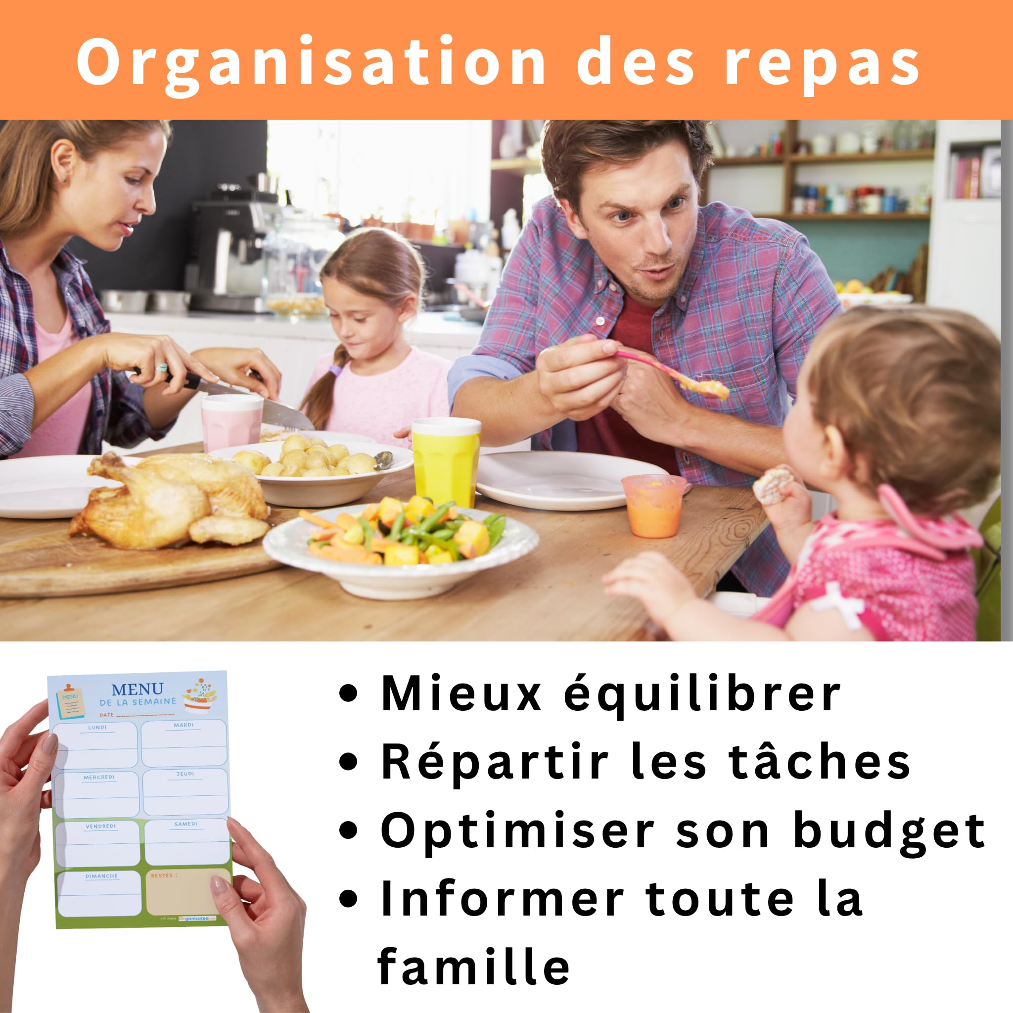 Bloc menu de la semaine - planificateur des repas hebdomadaire A5 - organisation quotidien 50 pages