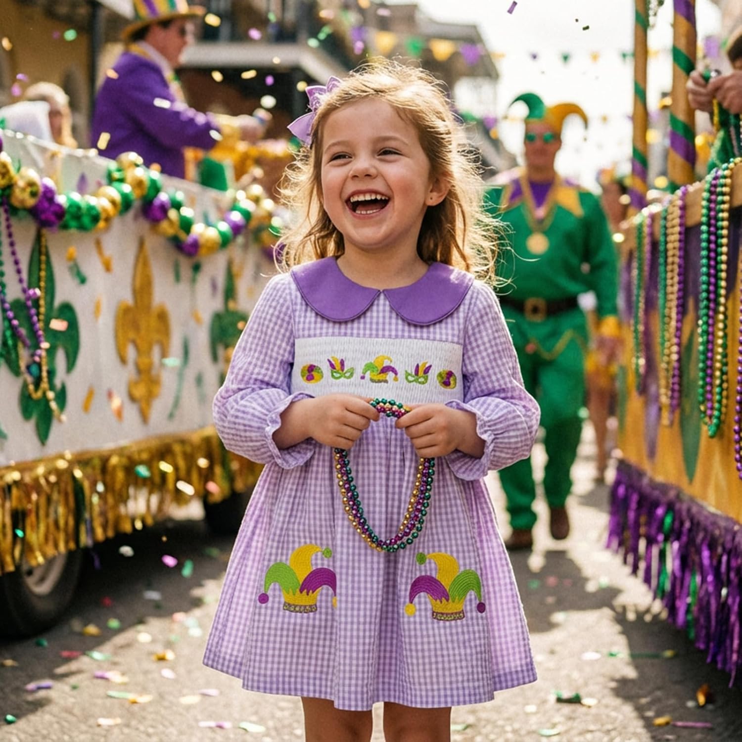 Kayotuas Toddler Girl Mardi Gras Outfit Ruffle Long Sleeve Doll Collar Dress Green Pruple Gold Striped Carnival Party Dresses - Image 2