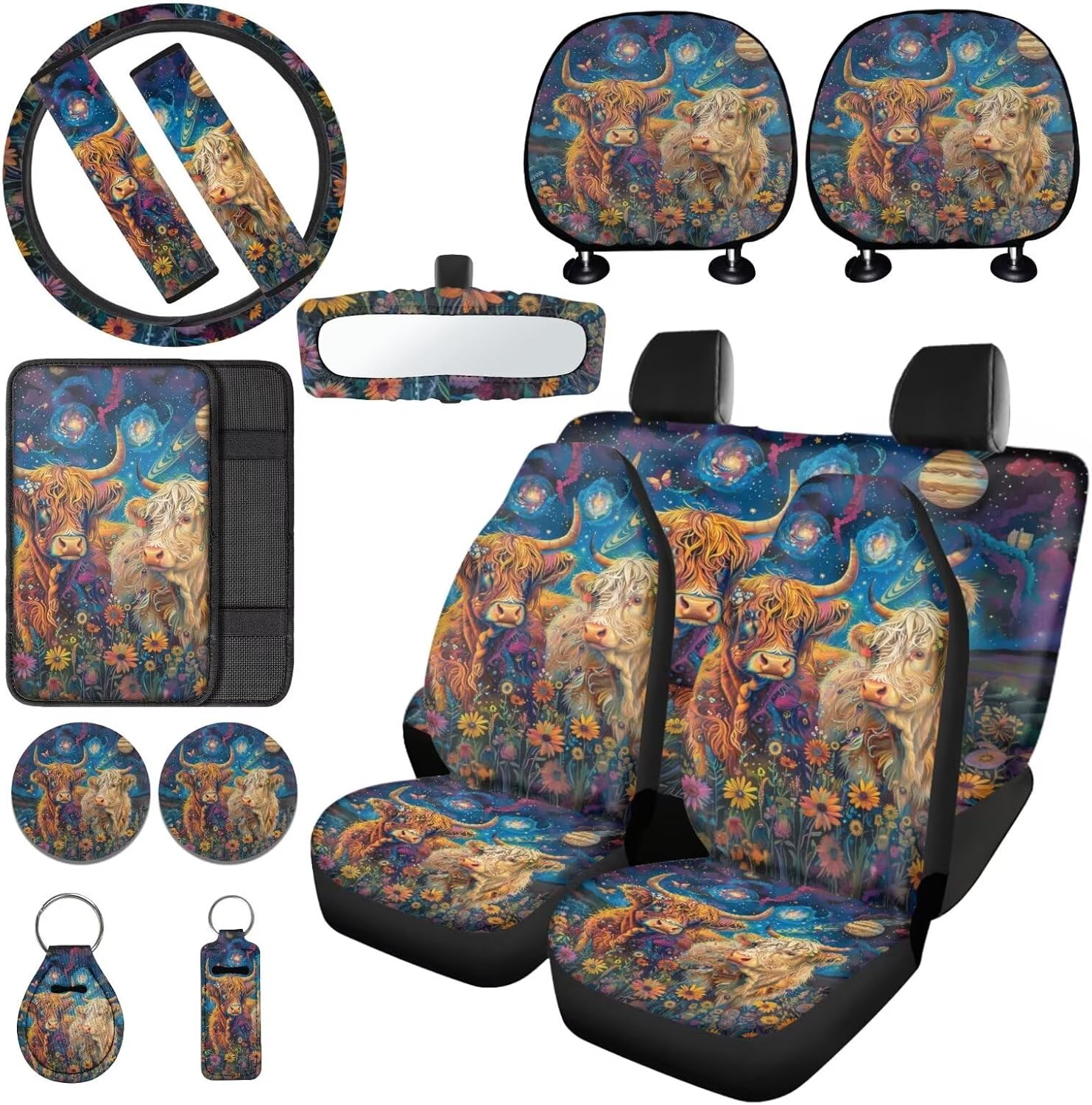 Skull Flower Print 15 Pcs Car Interior Cover Sets, Car Front Rear Seat Cover with Steering Wheel Cover Armrest Cover Seat Belt Cover Car Rear View Mirror Cover Headrest Cover Coaster Keychain