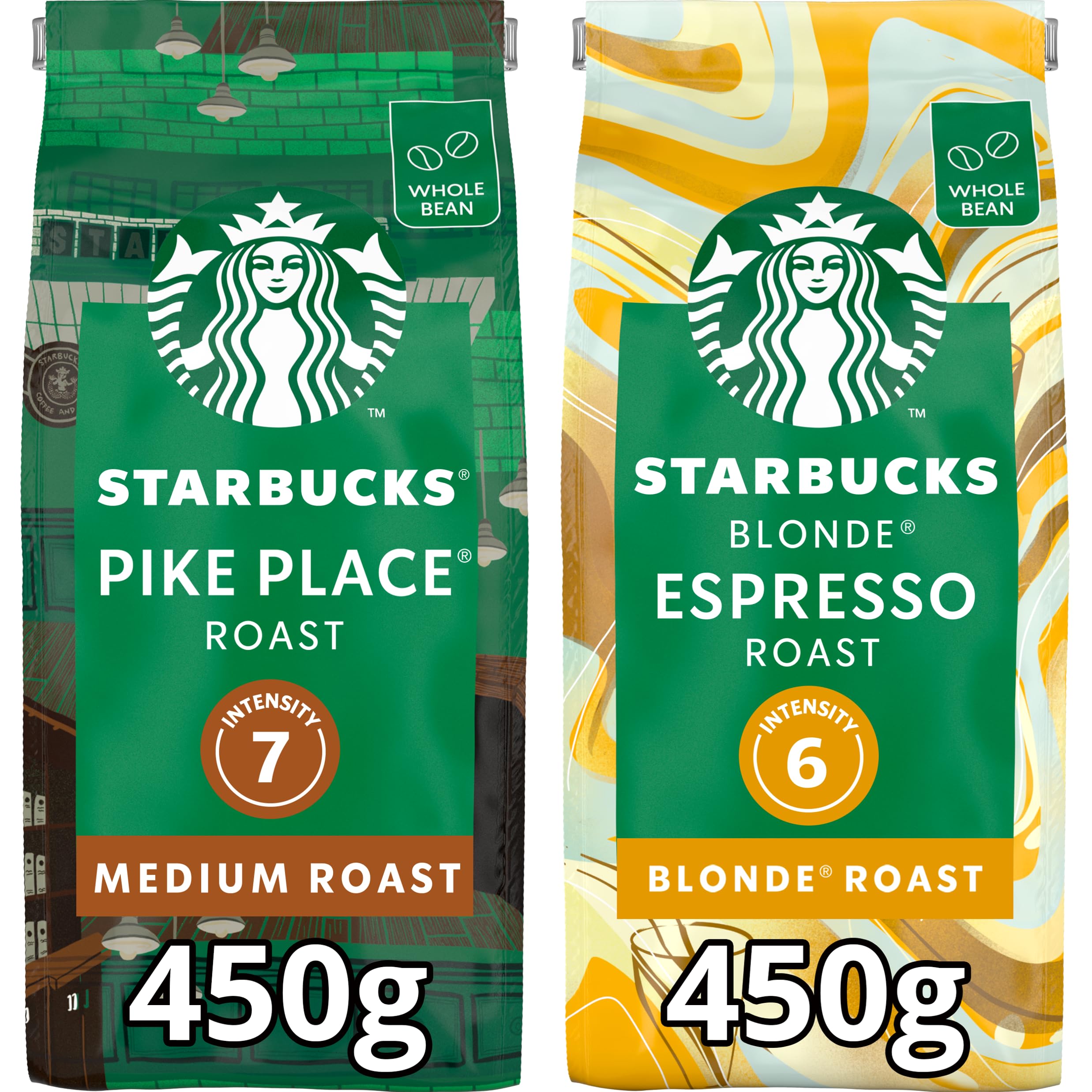 STARBUCKS Pike Place Roast, Blonde Espresso Roast Café De Grano Entero 450g (Paquete de 4)