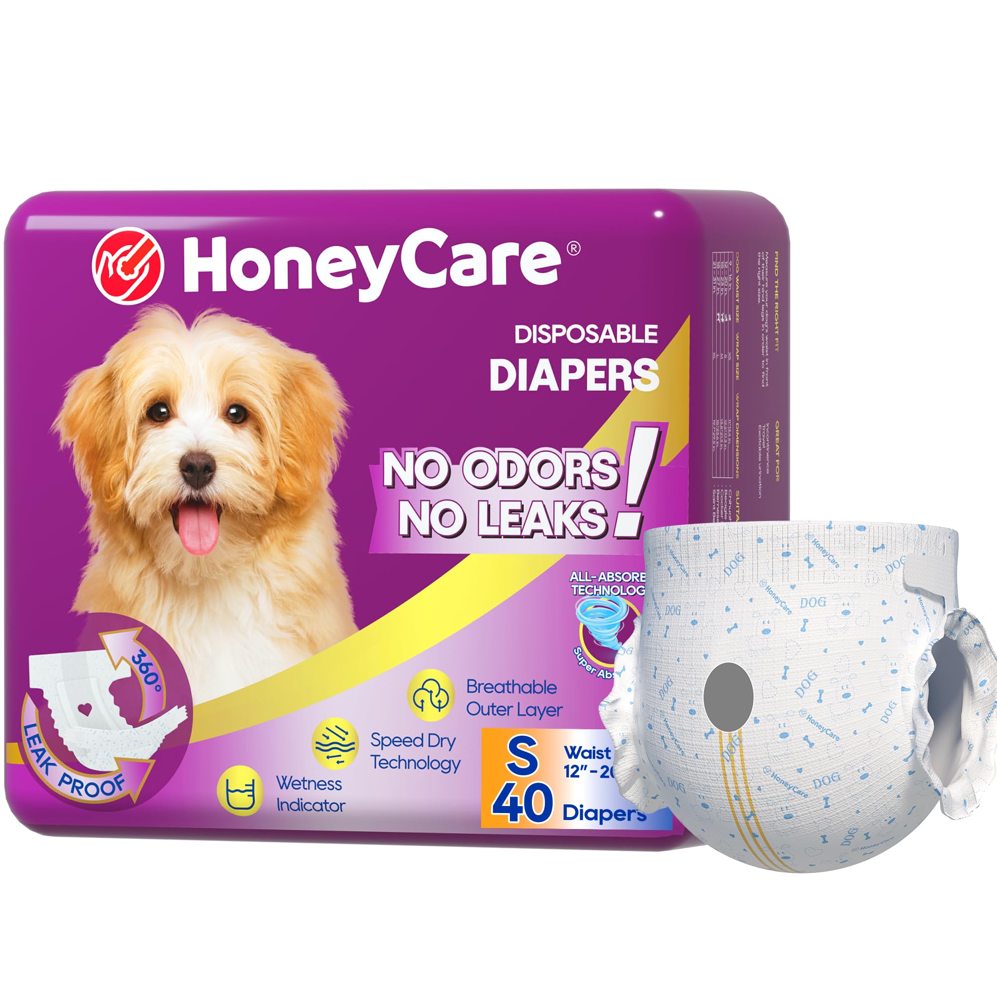 HONEY CARE All-Absorb Disposable Female Dog Diapers Small Size, Improved, 40 Count, Super Absorbent, Breathable, Wetness Indicator (Pack of 1, 40 Count Total)