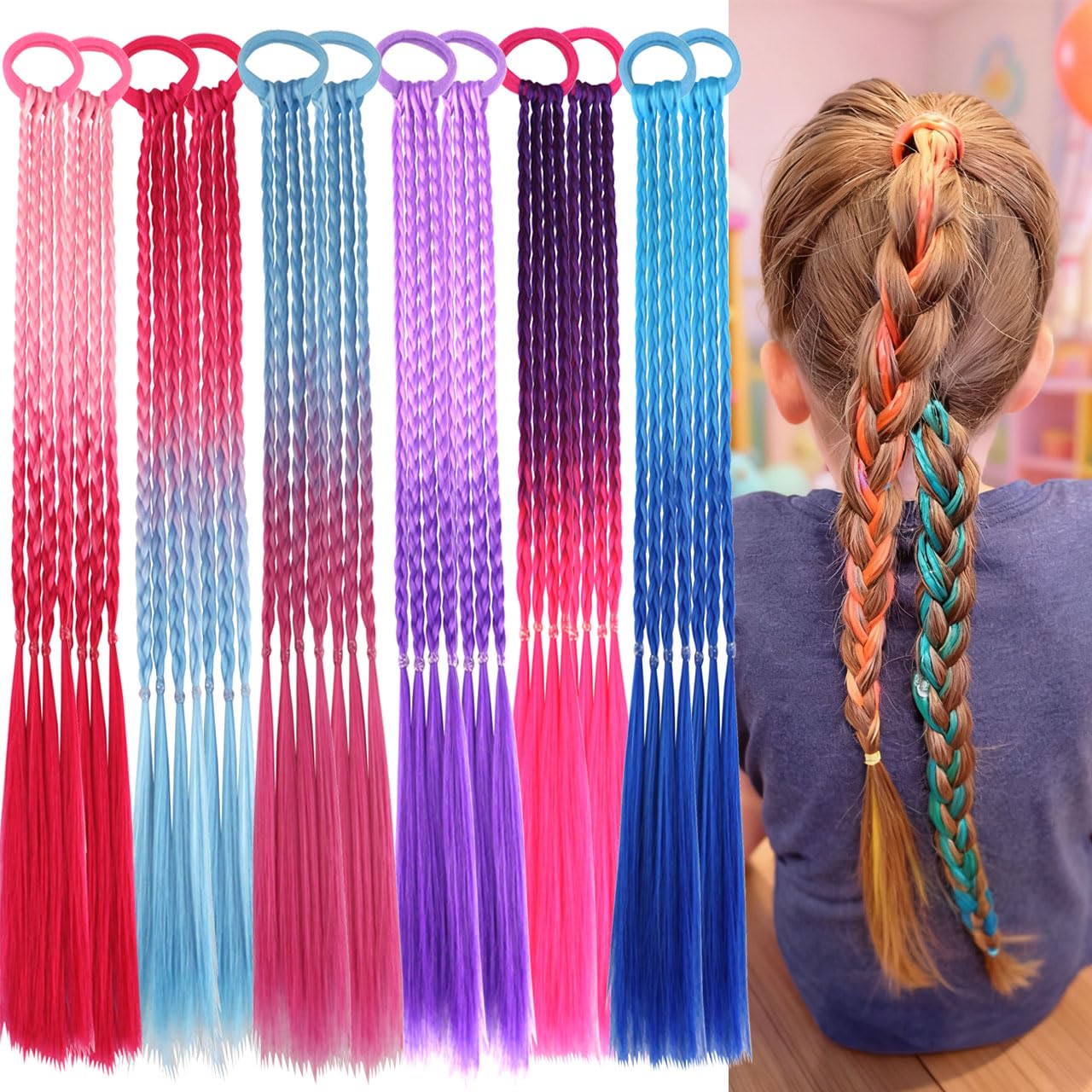 15" Colorful Braids Ponytail Extensions Elastic Rings Kids Hair Accessories dark colors 12pcs
