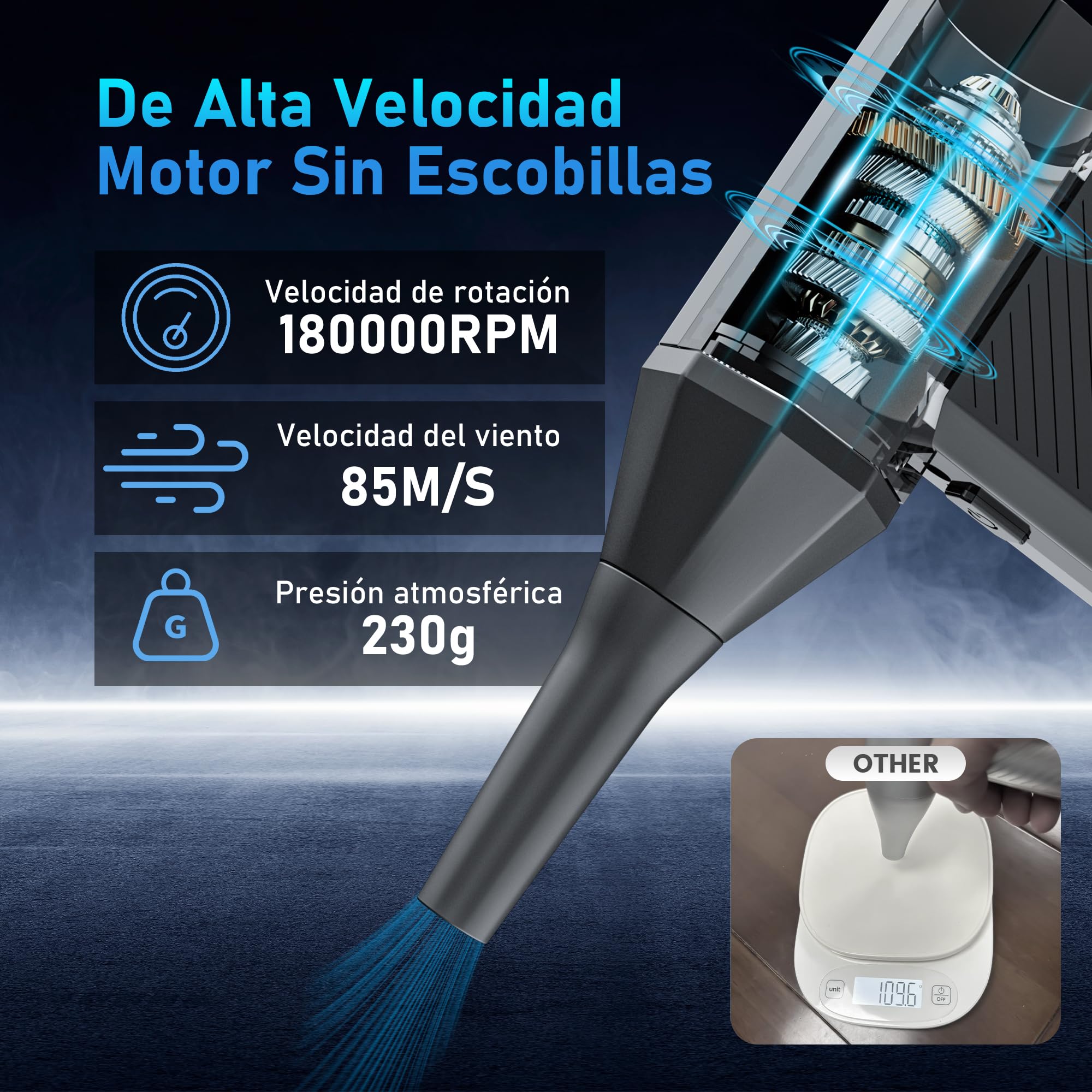 MJY 180000Rpm 85m/s 230g Soplador de polvo eléctrico, Aire comprimido 7600 mAh batería de 4 marchas ajustable con linterna LED para coche de coche, PC, Dispositivos electrónicos juego de limpieza para