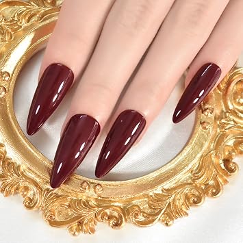 ELEVENAIL Halloween False Nails Glossy Solid Burgundy Long Stiletto Press on Nails Reusable Wearable Red Fake Acrylic Nail Art Tips Salon DIY Manicure Gifts with Adhesive Tabs Nail File