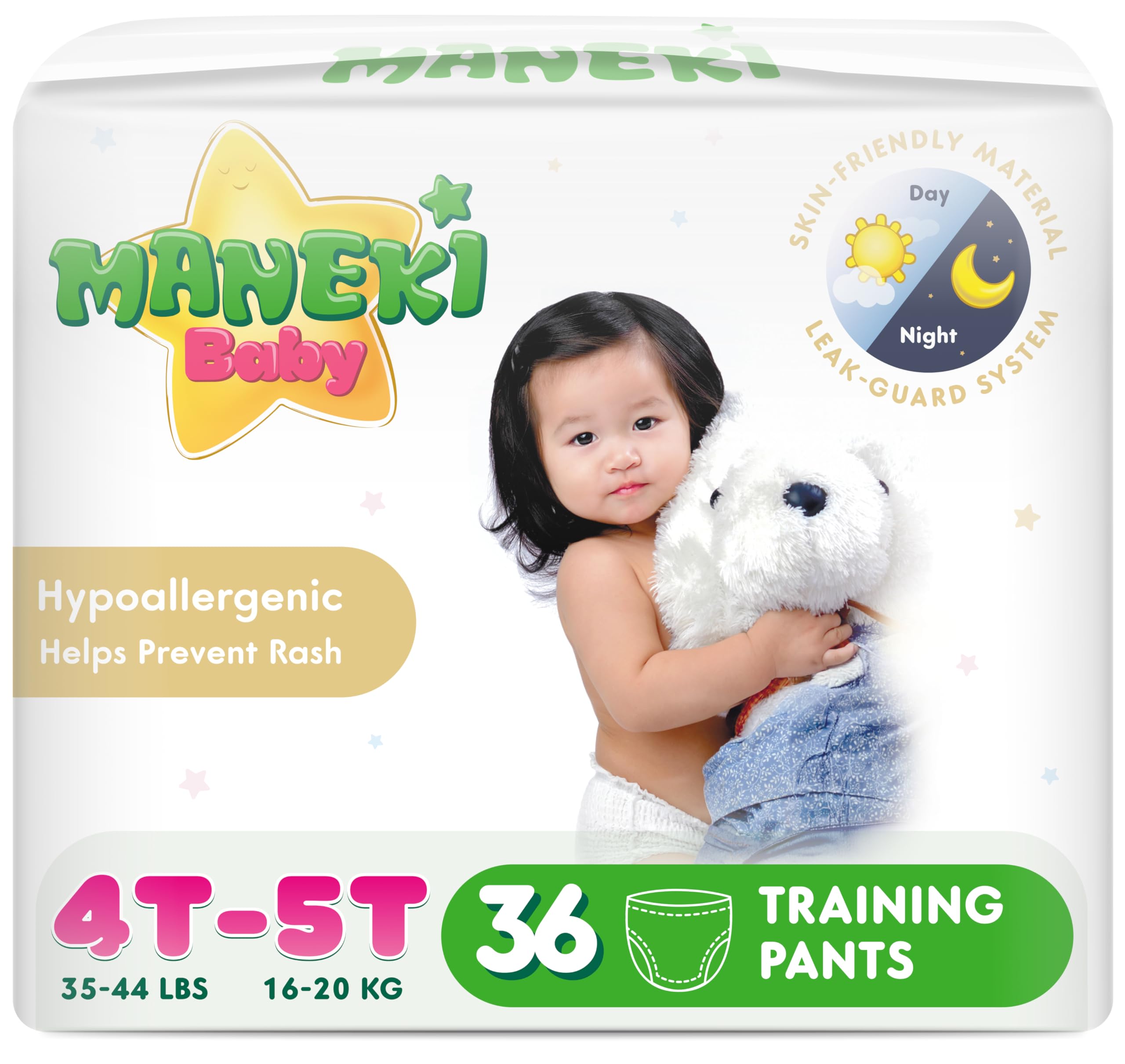 Maneki Baby Hypoallergenic Potty Training Pants 4T 5T 36 Count 35 44 lbs Pull-On Diaper Pants Training Underwear