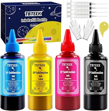 TBTeek Sublimation Ink Refilled Bottles Work with WF7710 ET2760 ET2720 ET2803 ET2800 ET15000 C88 C88+ Inkjet Printer Heat Press Transfer on Mugs, Plates, Polyester Shirts, Phone Cases etc