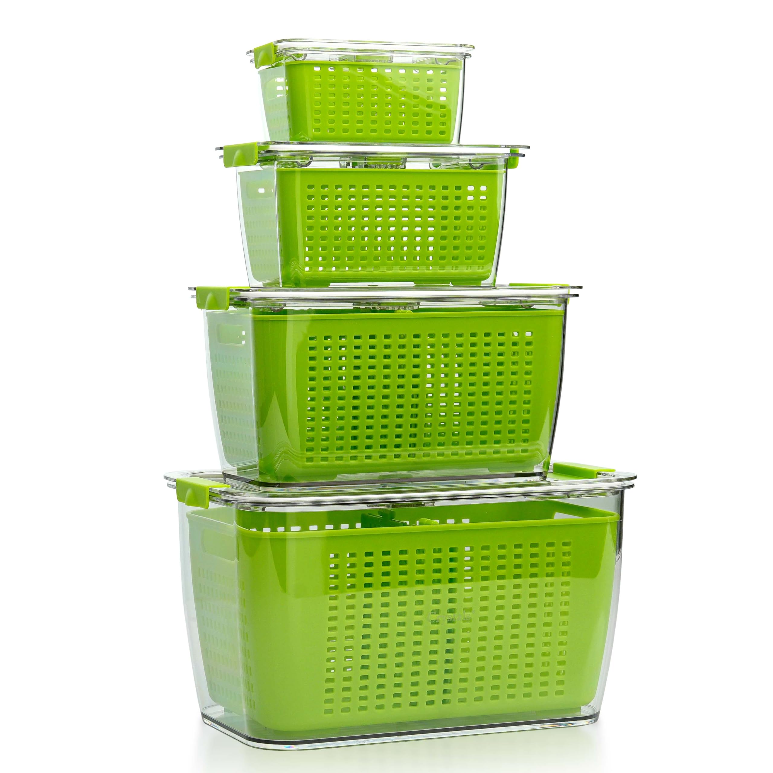 Crystals Green Fridge Organiser Storage Box Set Of 4 – Stackable, Bpa-Free Transparent Containers With Drain Tray & Air Vents For Kitchen, Pantry & Refrigerator (Green)