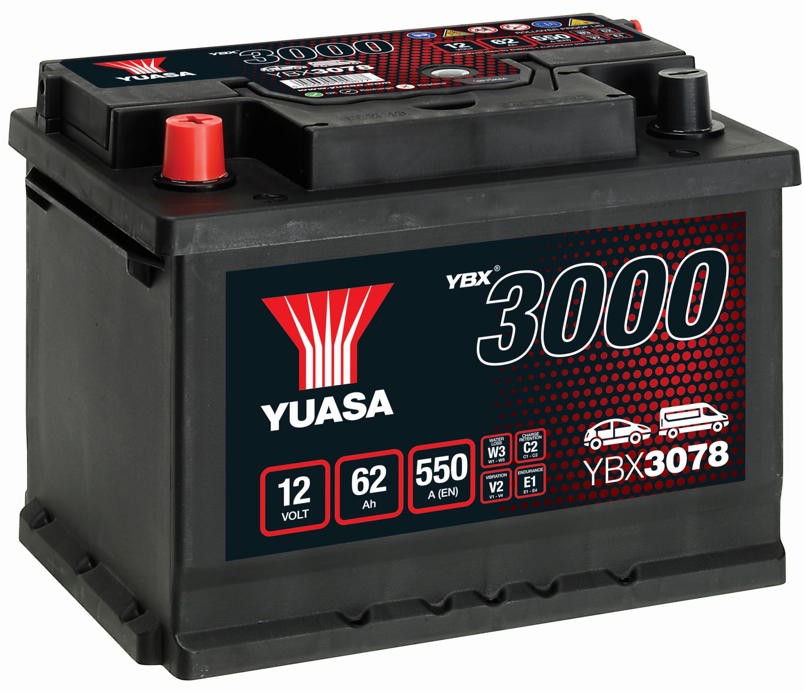 YUASA Batteria 62, Ah 550, A/EN YBX3078 L 243mm B 175mm H 190mm Compatibilità con TOYOTA Yaris Hatchback P1, CHEVROLET CAPTIVA C100, C140, NISSAN TERRANO II R20, JEEP Renegade SUV BU, B1, ALFA ROMEO