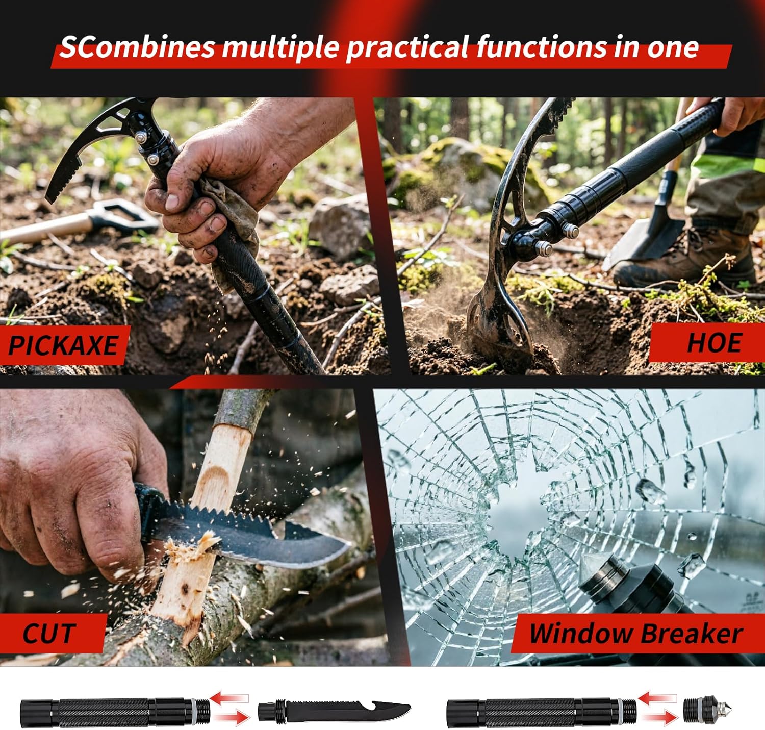 Outdoor Multi-Purpose Disassemblable Double Headed Pickaxe Mattock with Multifunction Garden Hoe and Survival Knife for Camping, Digging, Ice Chipping and Weeding - Survive Tool