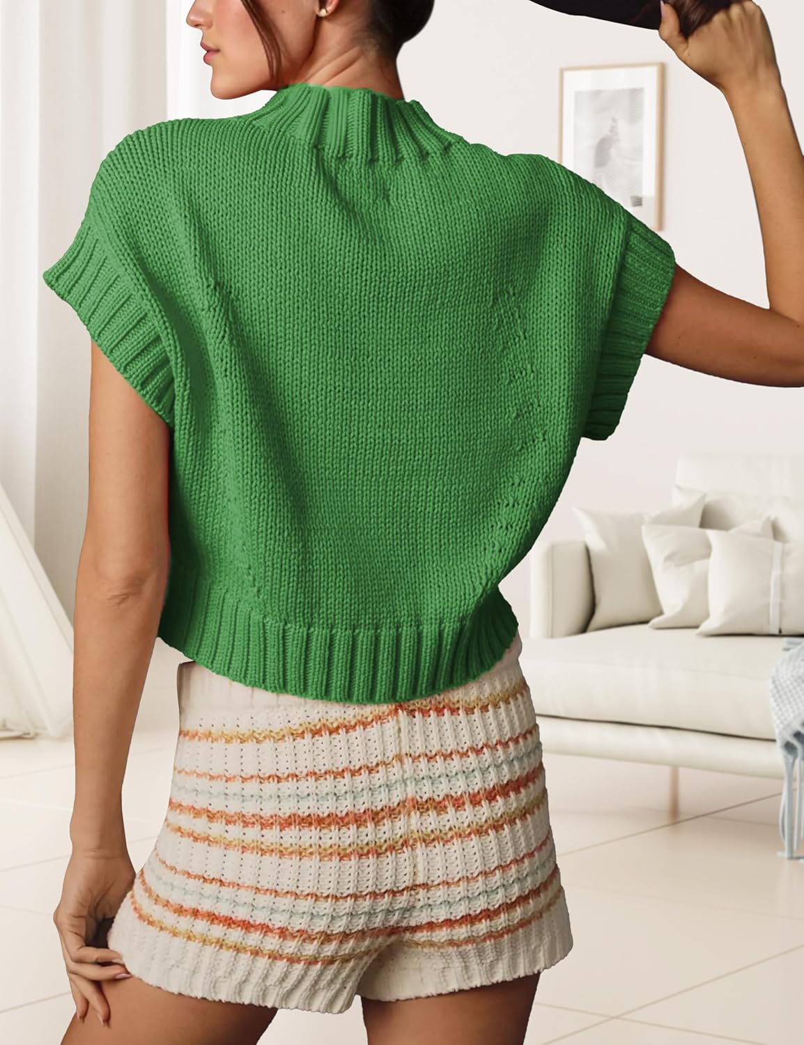 Womens Sweater Vest Mock Neck Cap Sleeve Sweater Tank Tops Cute Heart Knit Cropped Pullover Top - Image 3