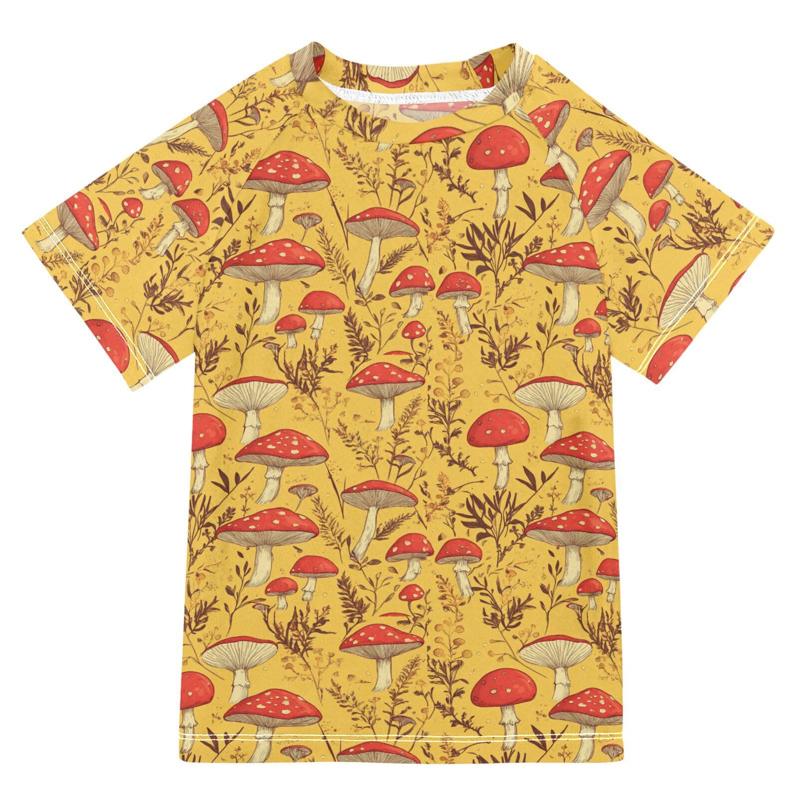 Girls Bathing Suit Short Sleeve Girl Rash Guard 4T Red Mushrooms Enoki Mushroom