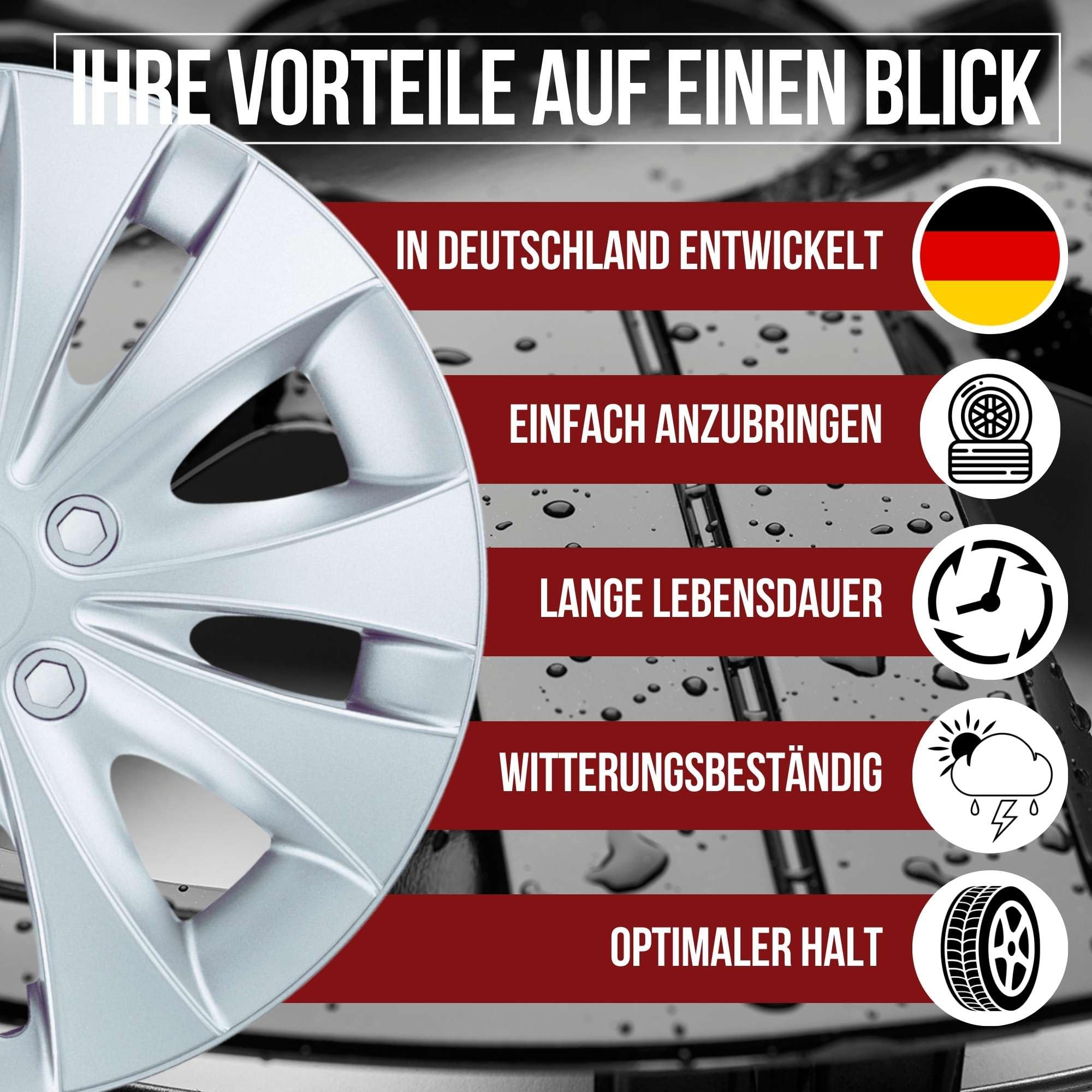 Albrecht 15 pouces argent enjoliveurs pour jantes en acier - Storm enjoliveur de roue en plastique avec peinture en couches - Enjoliveurs dans l'emballage d'origine Albrecht - Fabriqué en UE