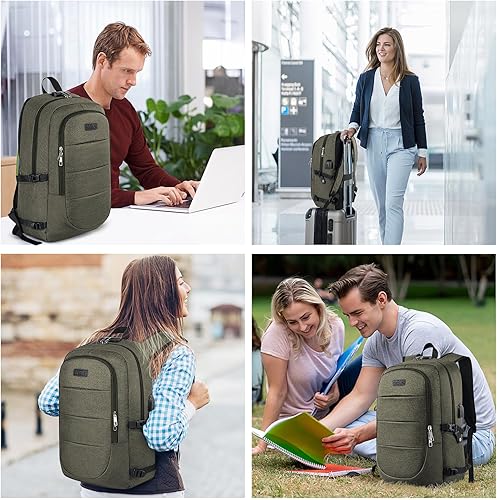 Miniatura 6 de AMBOR Mochila para computadora portátil, antirrobo, bolsa de viaje para laptop con puerto USB y bloqueo, Verde oscuro, Mochila de viaje para laptop