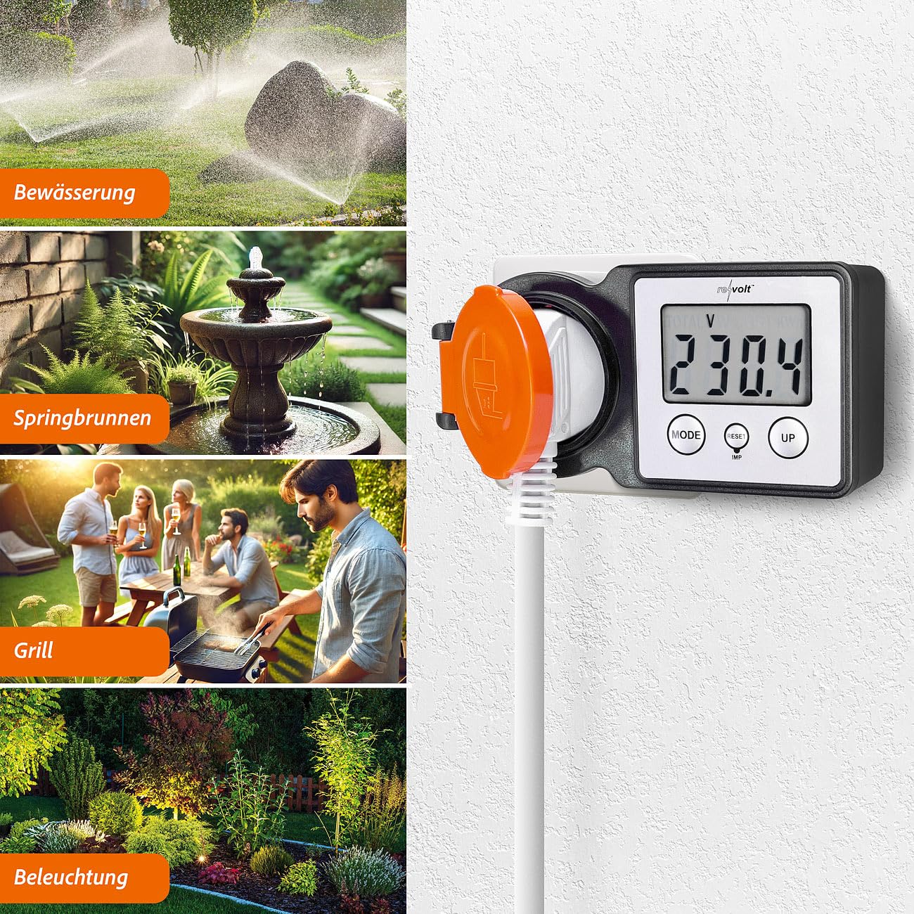 revolt Strommessgerät Steckdose: 2er-Set Outdoor-Energiekostenmesser & Stromverbrauchszähler, 3.680 W (Stromzähler Steckdose außen, Watt Messgerät, Solar Lichterkette)