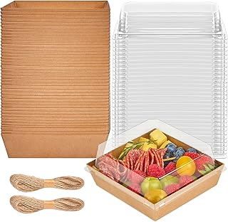 50 Pack 5 Inch Paper Charcuterie Boxes with Clear Lids, Square To Go Cake Slice Containers Small Kraft Bakery Boxes for Dessert, Cookies, Sandwich, Strawberries (Brown)