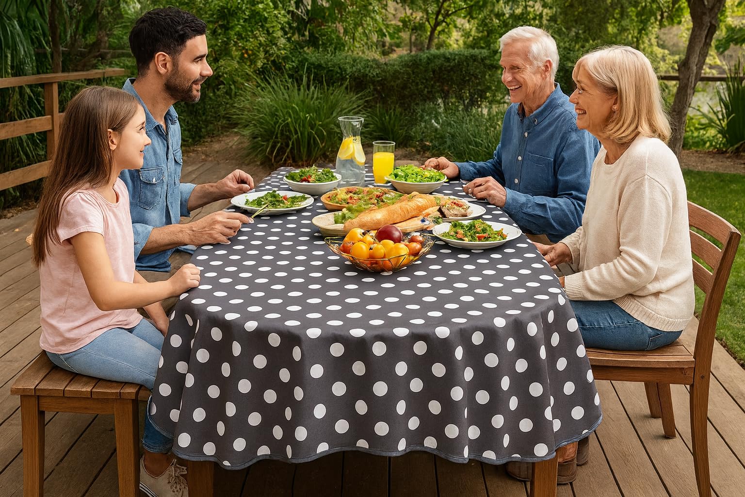 texpot Oilcloth 160 x 220 cm Oval with Dots Washable with Hem Polyester Garden Tablecloth