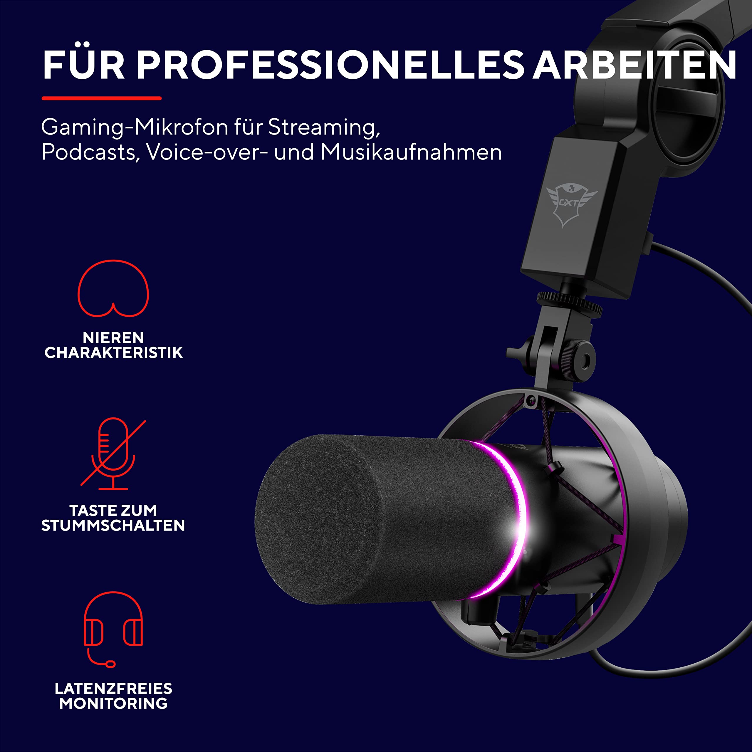 Trust Gaming GXT 255Plus Onyx Professionelles Mikrofon mit Arm, Nierencharakteristik, Popfilter, USB, LED, Schwarz