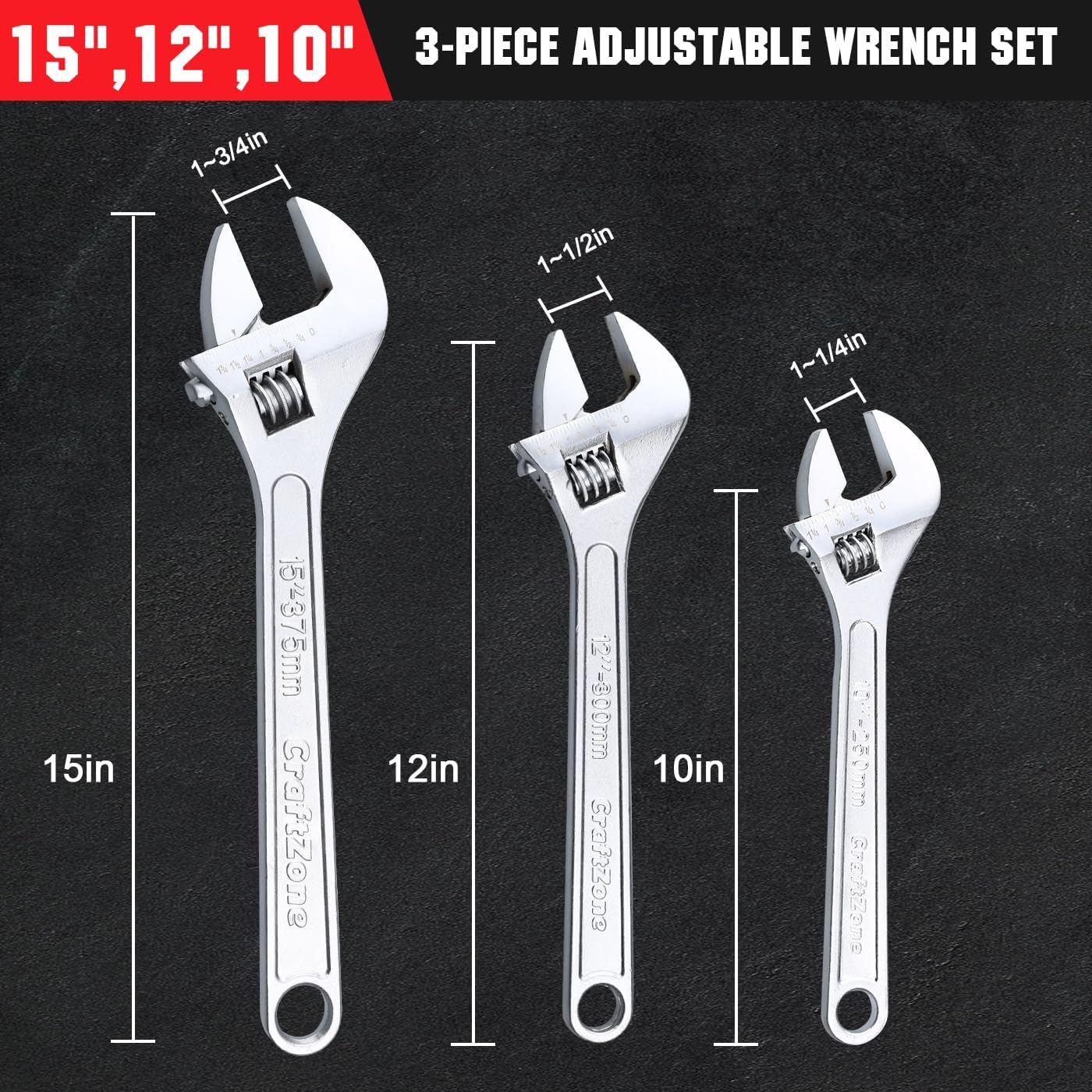 Adjustable Wrench Set, 3pc Wrench Set with SAE and Metric Scales, Heat-Treated Carbon Steel with Chrome Plated, Wide Jaw Wrenches for Home, Plumbing, Garage (10, 12, 15 Inch)