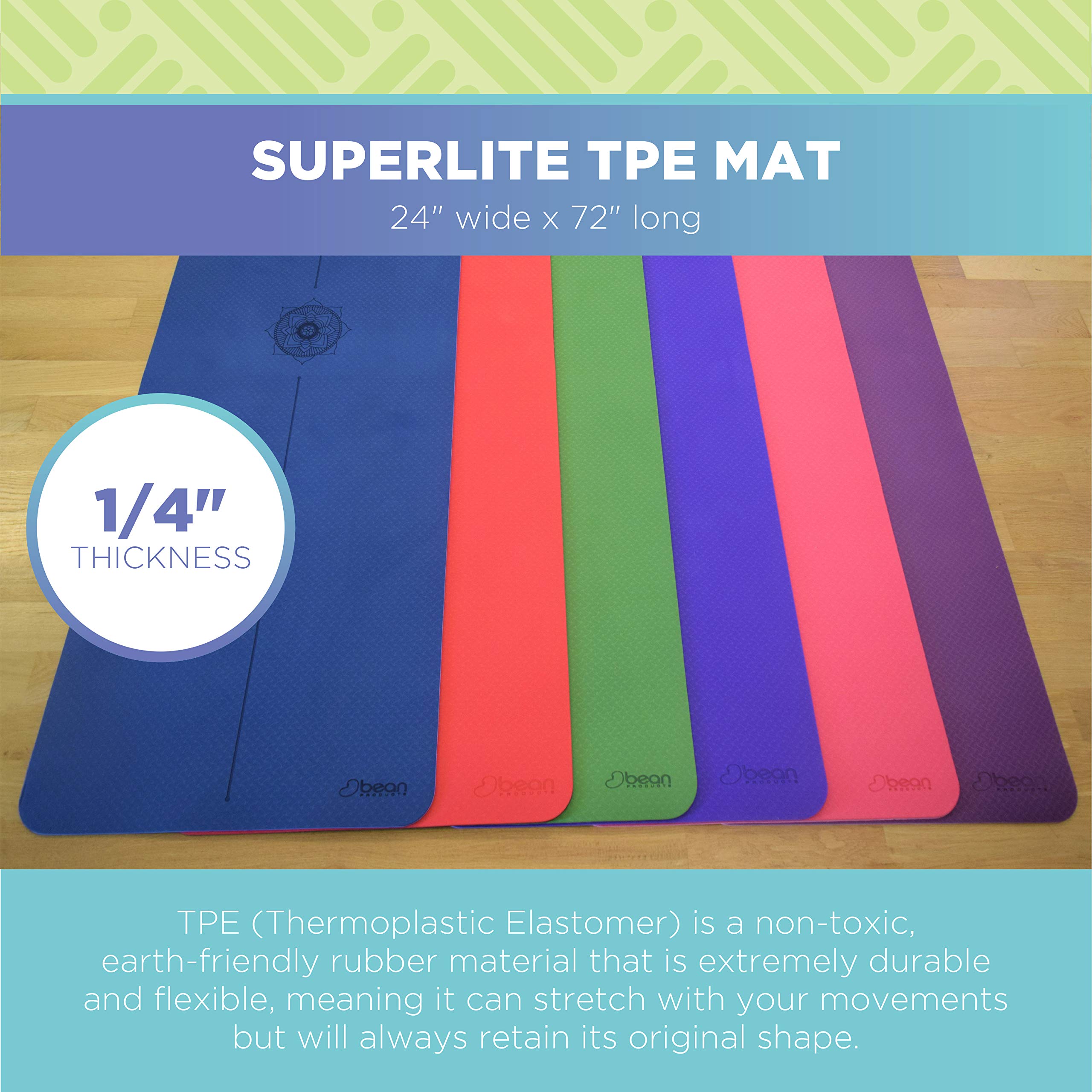 Bean Products SuperLite TPE Yoga Mat | Centering Mandala Design | Extra-long | Non-skid, Slip Resistant | Earth-friendly exercise gym mat | (6mm thick x 24” wide x 72” long) | Rose