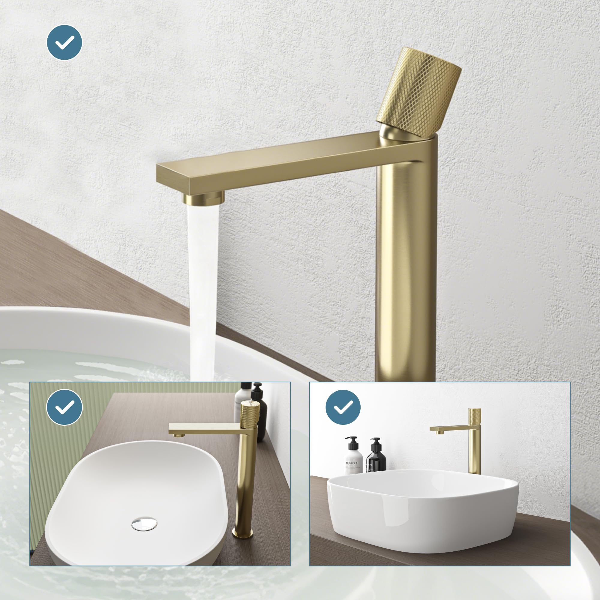 doporro Grifo Alto de Lavabo de Acero Inoxidable 304, Acabado Oro Cepillado, Cartucho Cerámico, Altura 29 cm, Aireador Desmontable, Fino-01H