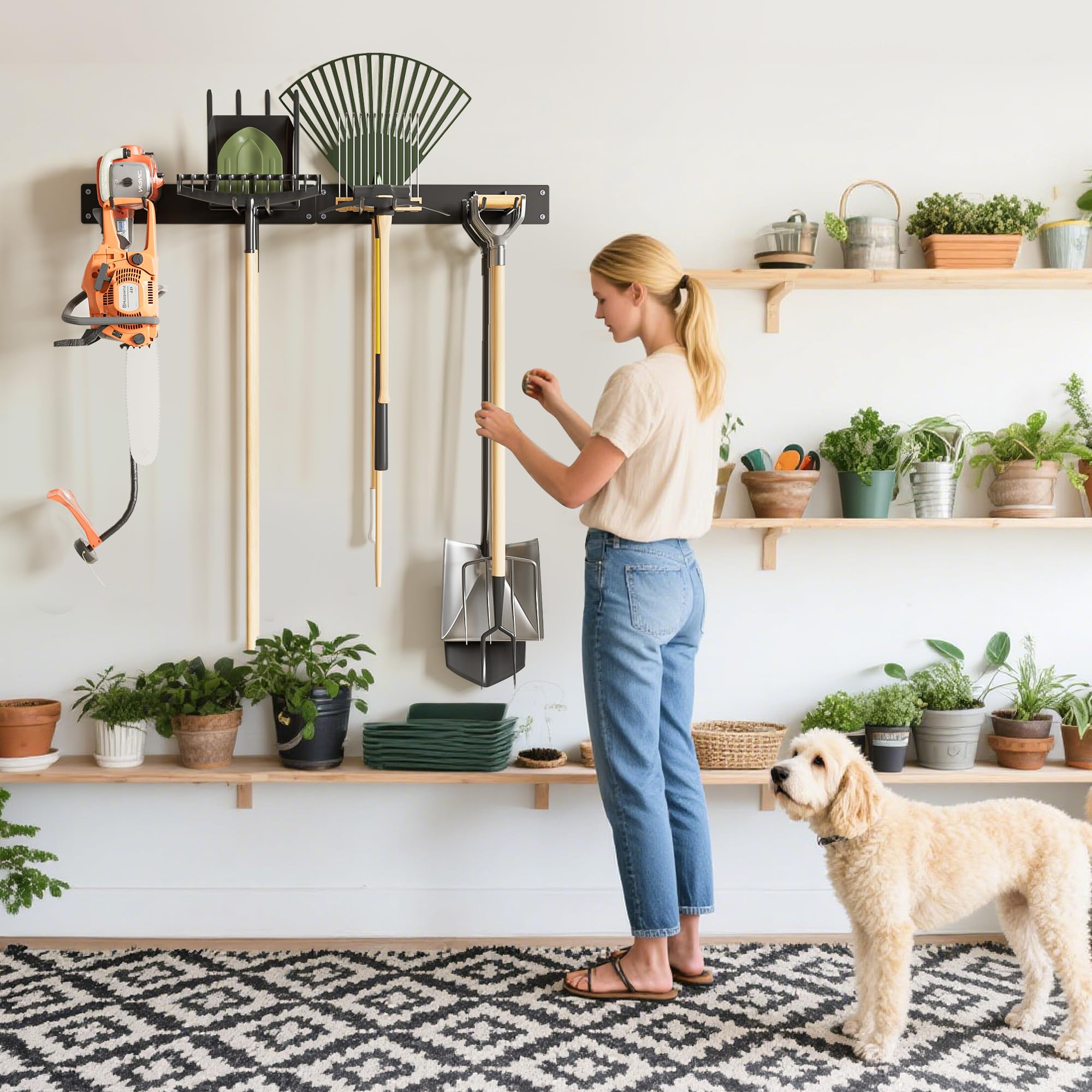 Urban Deco Support mural en métal pour Outillage de Jardin, capacité de charge de 150 kg, avec 4 crochets doubles et 2 panneaux, pour outils de jardin dans le garage, le jardin, la cave, noir