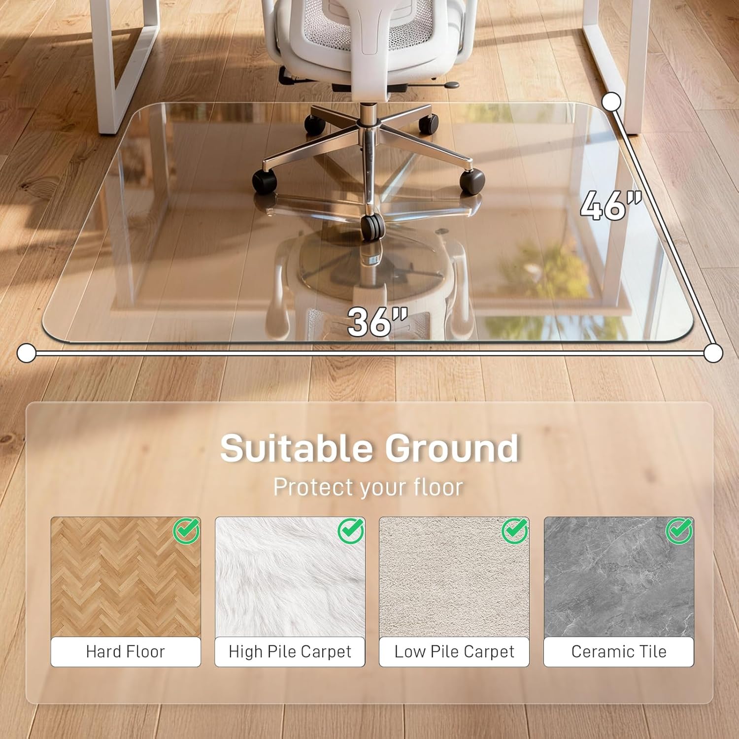 Winado 36"x46" Ultra-Clear Tempered Glass Chair Mat, 0.2" Thick Heavy-Duty Scratch-Resistant Floor Protector with Non-Slip Pads & Rounded Polished Edges, for Hardwood Floor and Carpets Office Home Use