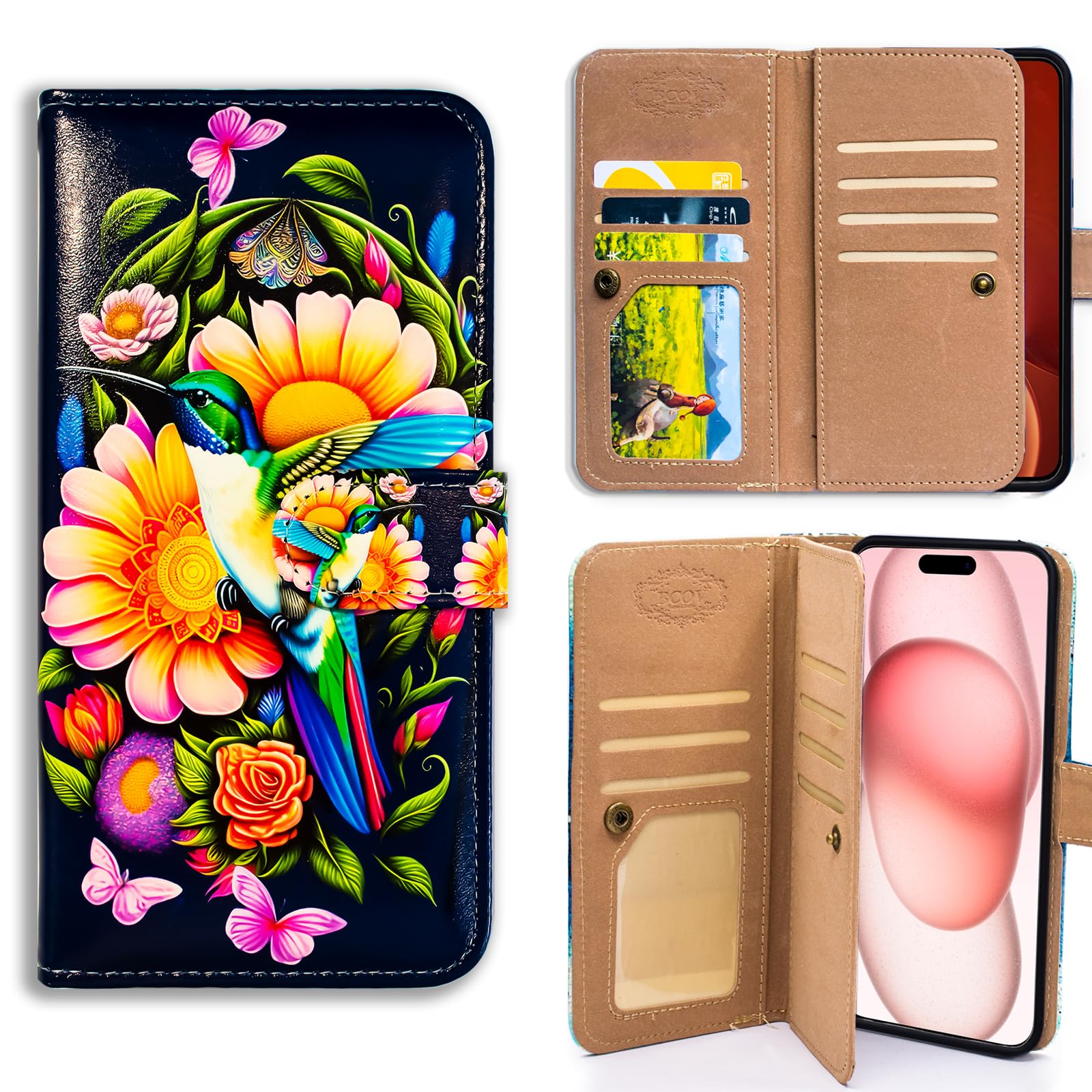 Bcov Case for iPhone 16 Pro Max,Hummingbird Butterfly Flowers Multifunction Leather Phone Case Wallet Flip Cover with Multi Card Slots Pocket Wrist