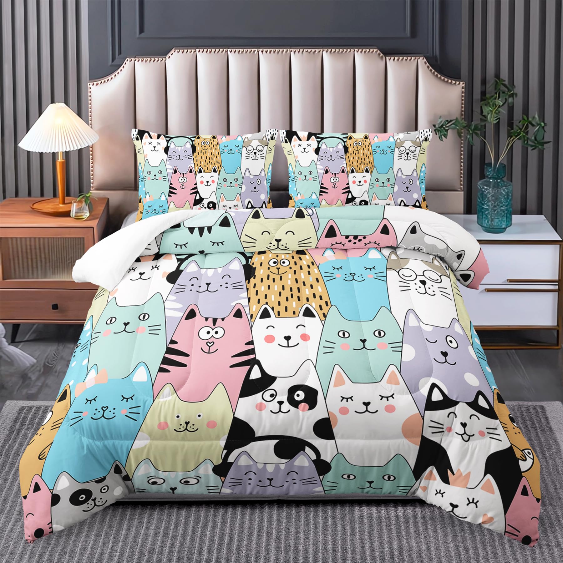 Tuzaovy Cat Comforter Set for Girls - Kawaii, Cute Full Size Bedding Set with Cat Room Decor