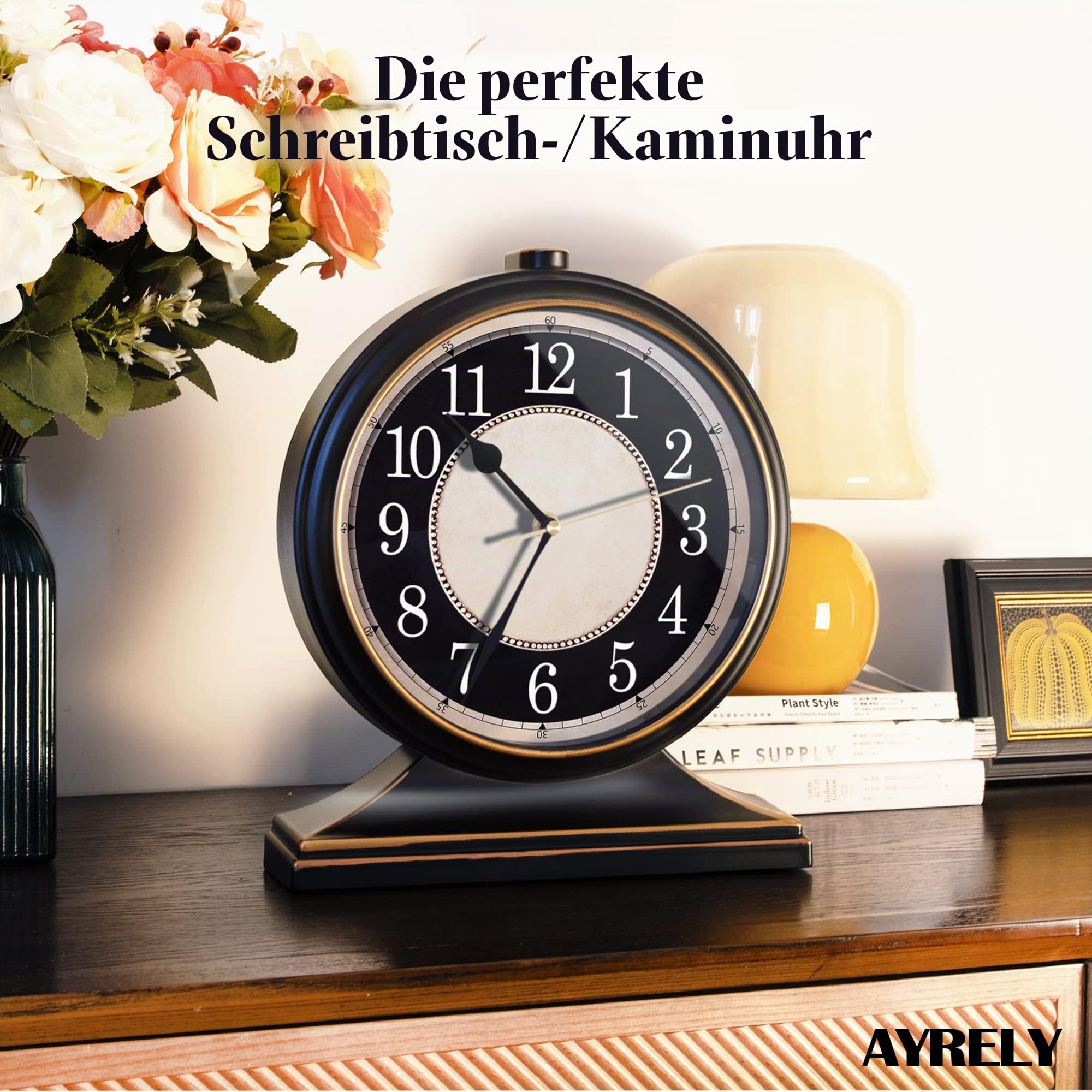 AYRELY® Vintage Tischuhr – Lautlos ohne Ticken, 10-Zoll-Zifferblatt, Retro-Kaminuhr für Wohnzimmer, Schlafzimmer, Regal, Kamin & Landhausstil, gut lesbar