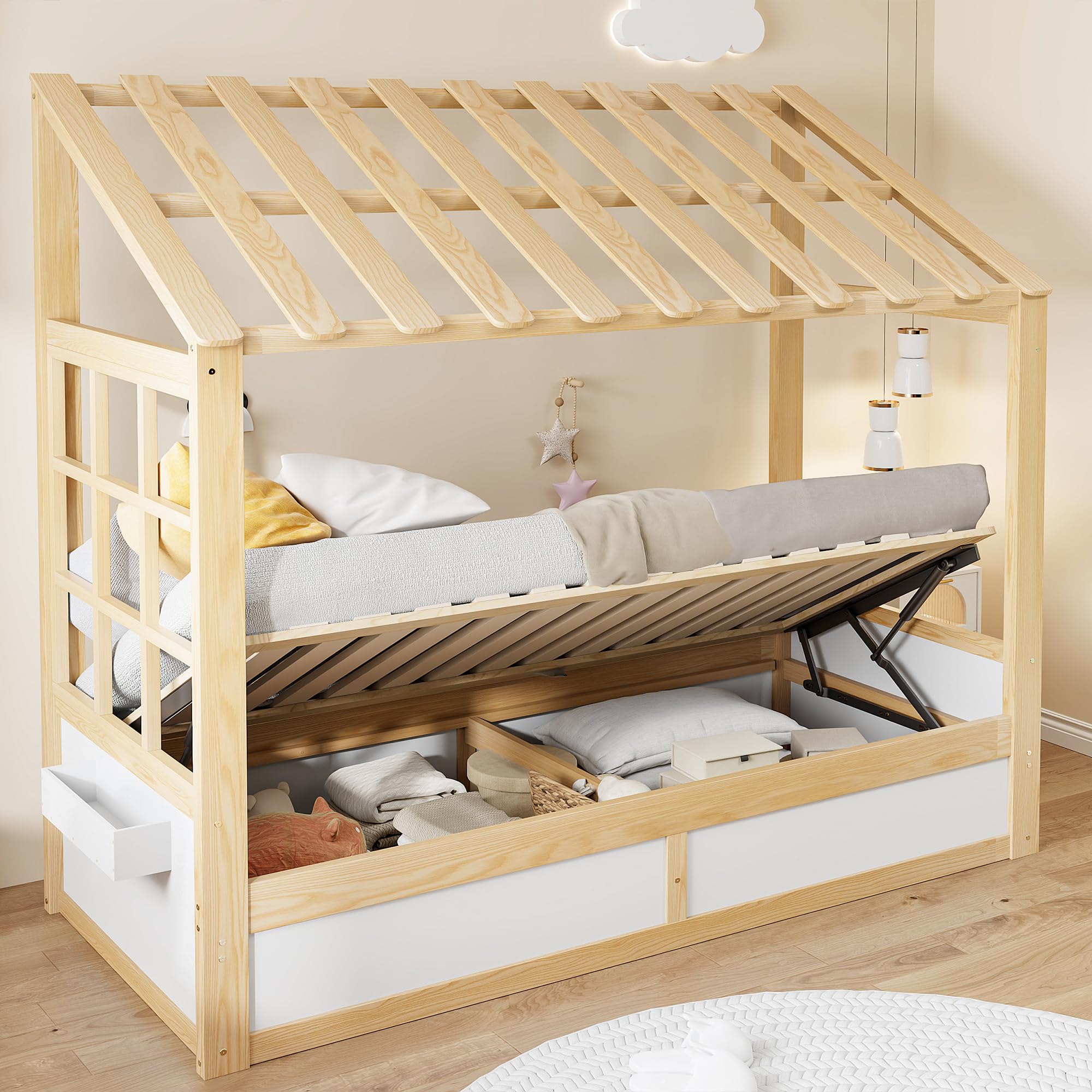 Estructura Individual 90x200 Estructura de Madera con Almacenamiento bajo la Superficie y Compartimentos Laterales Elevación Hidráulica con Techo y Ventanas para Vivienda Blanca