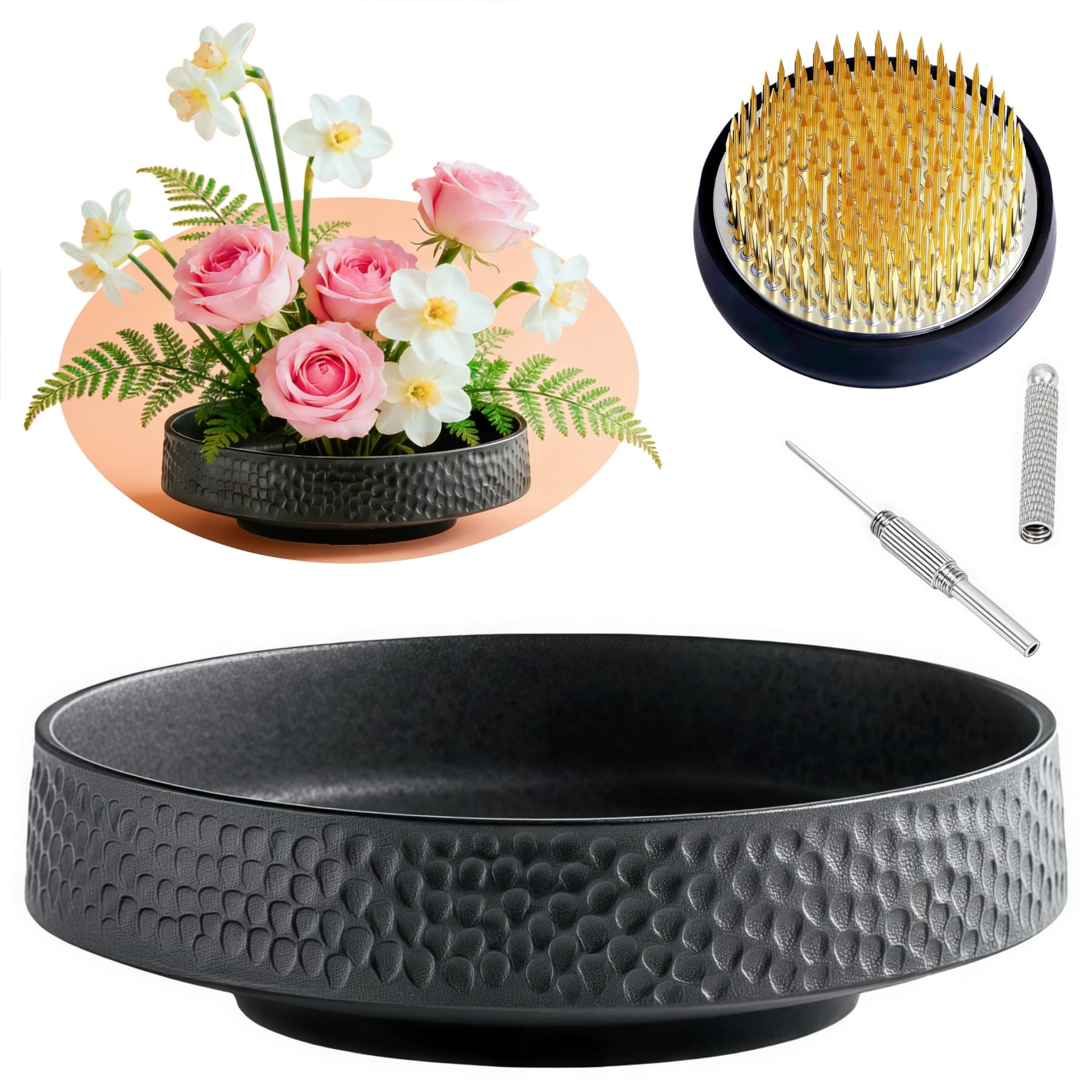 Japanese Ikebana Vase Kit Flower Frog Japanese Flower Arranging Supplies Flower Container with Needle Straightening Tool & Kenzan - 2.4inch Floral