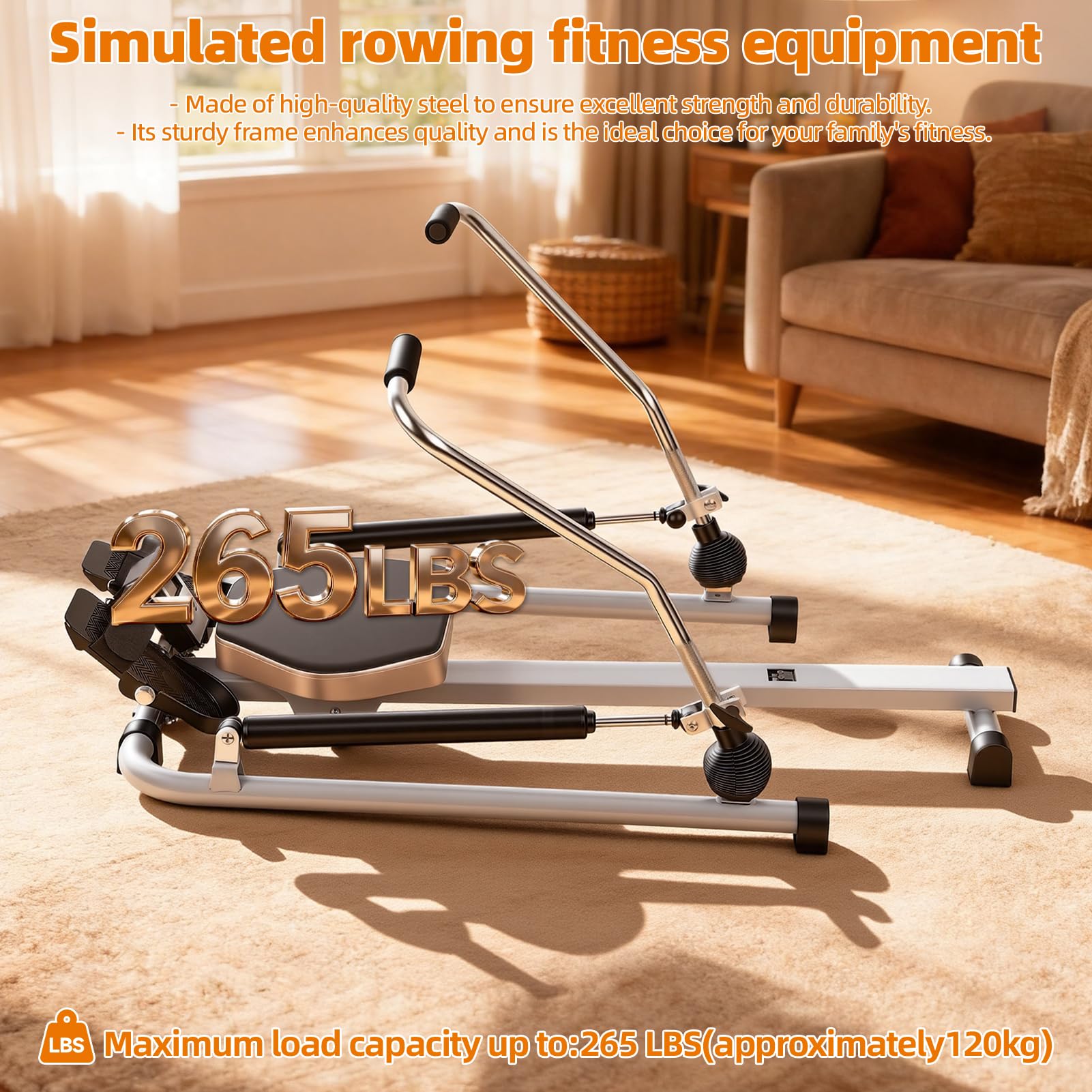 Rameur Pliable Appartement, Machine à Ramer à Vérin Hydraulique pour Musculation Maison, Appareil Musculation avec Moniteur LCD, Résistance Réglable 50kg, Siège Confortable, Charge 120kg