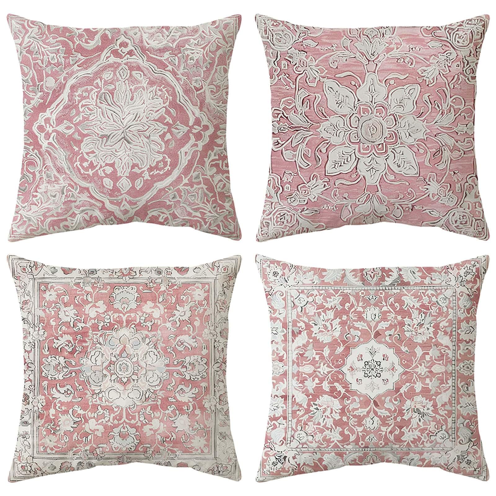 Boho Cushion Covers Pink 45x45cm Set of 4, Soft Velvet Bohemian Decorative Decor Square Throw Pillow Covers, Vintage Exotic Kilim Patterned Floral Pillowcases for Home Sofa Couch Bedroom Outdoor