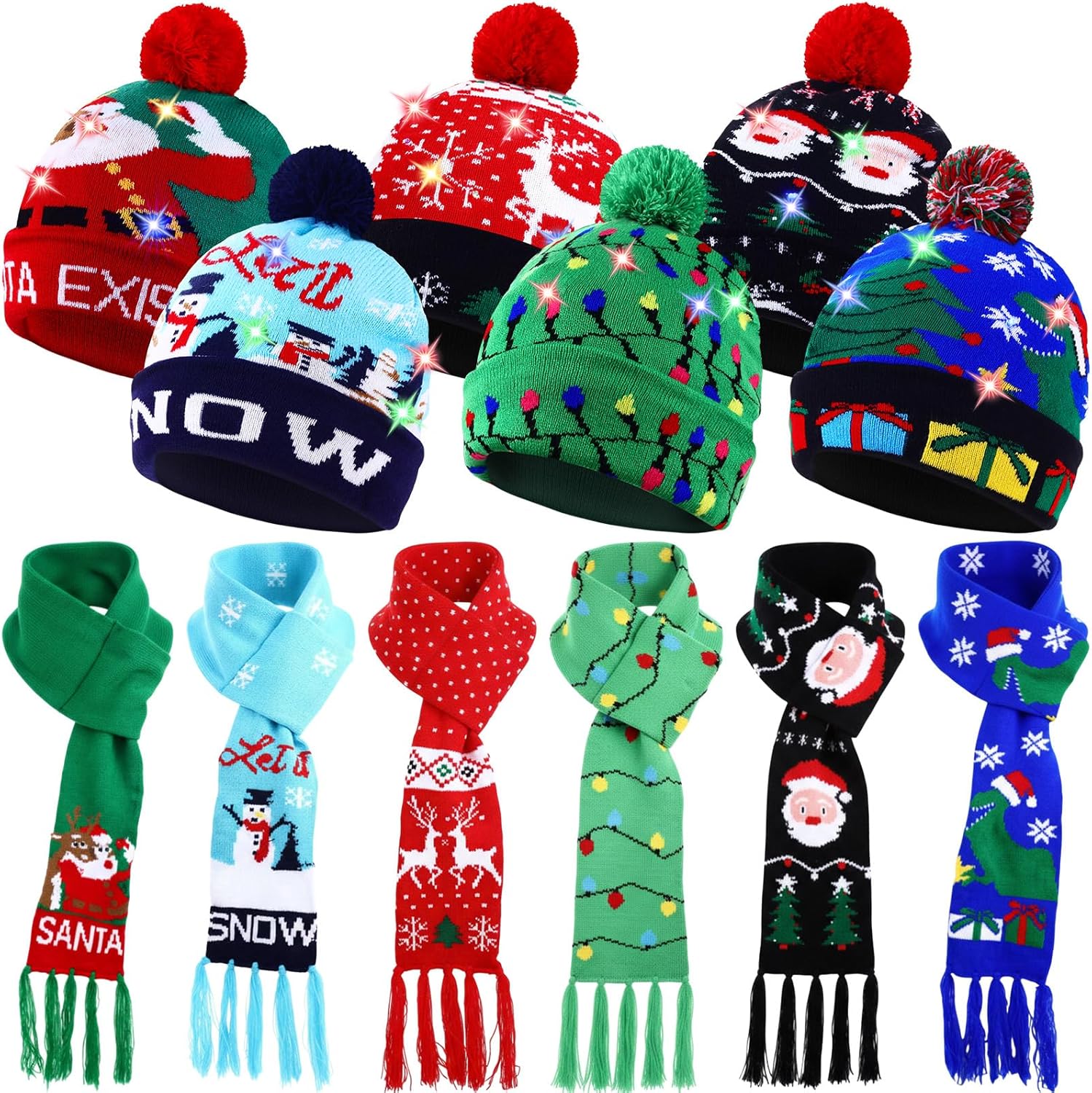 Christmas LED Scarf and Beanie Set Including Light up Hat Colorful LED Xmas Hats Holiday Scarf for Adults Kids