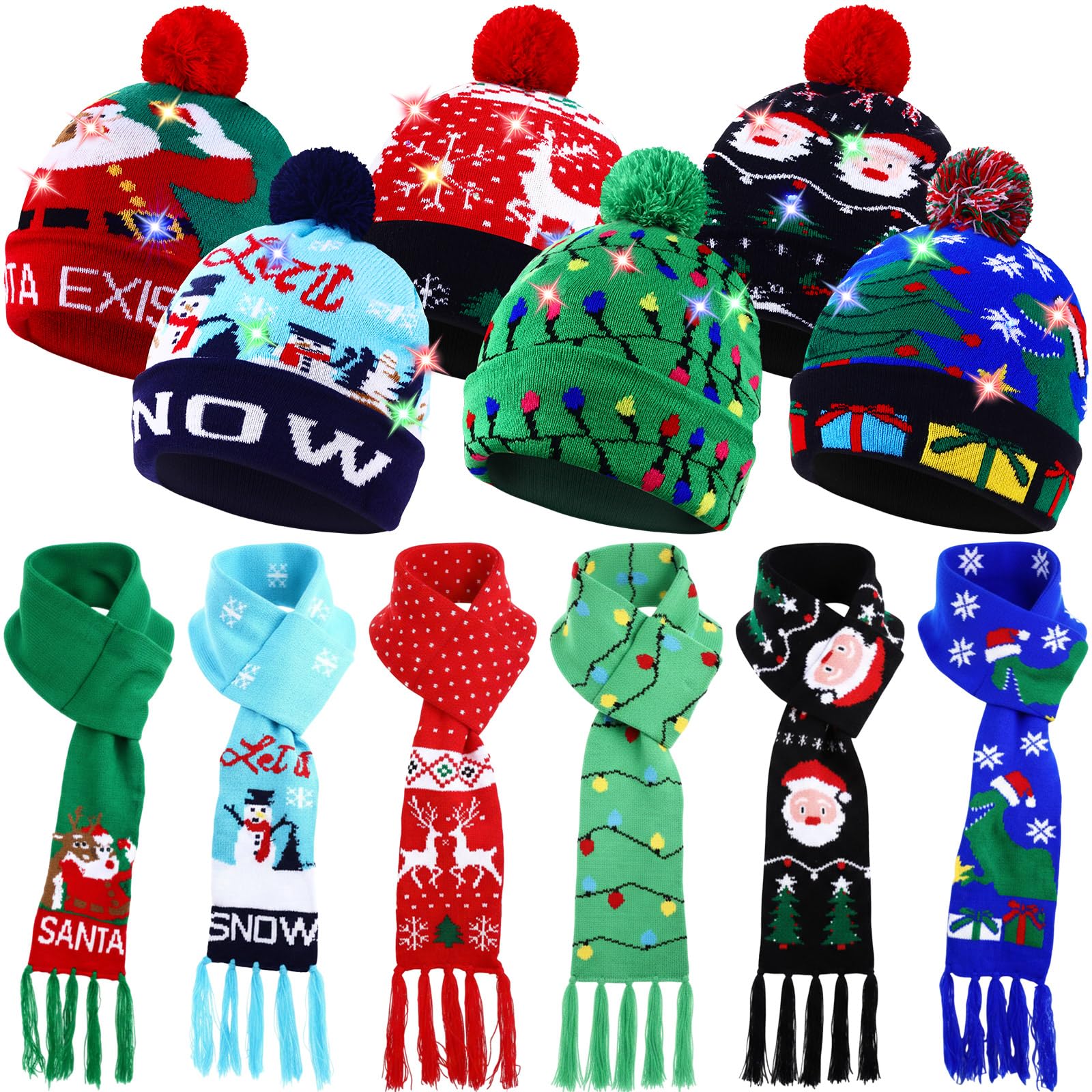 Twistover Weihnachtliches LED-Schal und Beanie-Set inklusive leuchtender Mütze, bunte LED-Weihnachtsmütze, Urlaubs-Schal für Erwachsene und Kinder