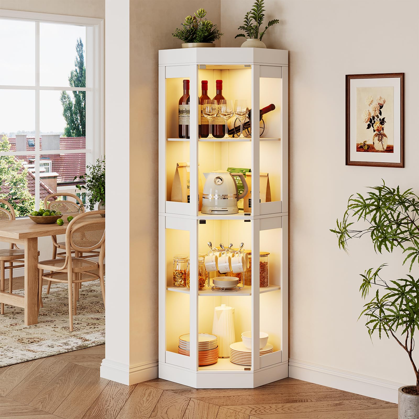 178 cm Eck-Glasvitrine mit LED-Beleuchtung, 4 Ablagen & Glastüren, Weiß