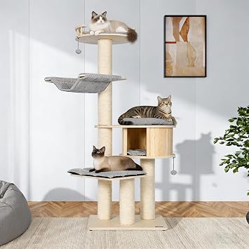 NUNU LAB 53 Modern Cat Tree for Large Cats, Wood Cat Tree Tower with Scratching Posts, Multi-Level Cat Tree with Hand-Made Wicker Cat Condo and Removable Cushions