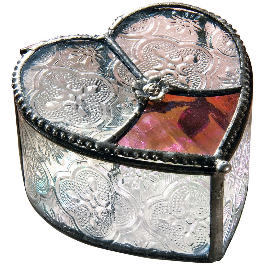 Glass Heart Keepsake Box with Pink Rose Decorative Jewelry Trinket Display Valentine's Day Mother's Day Gift - J Devlin Box 520