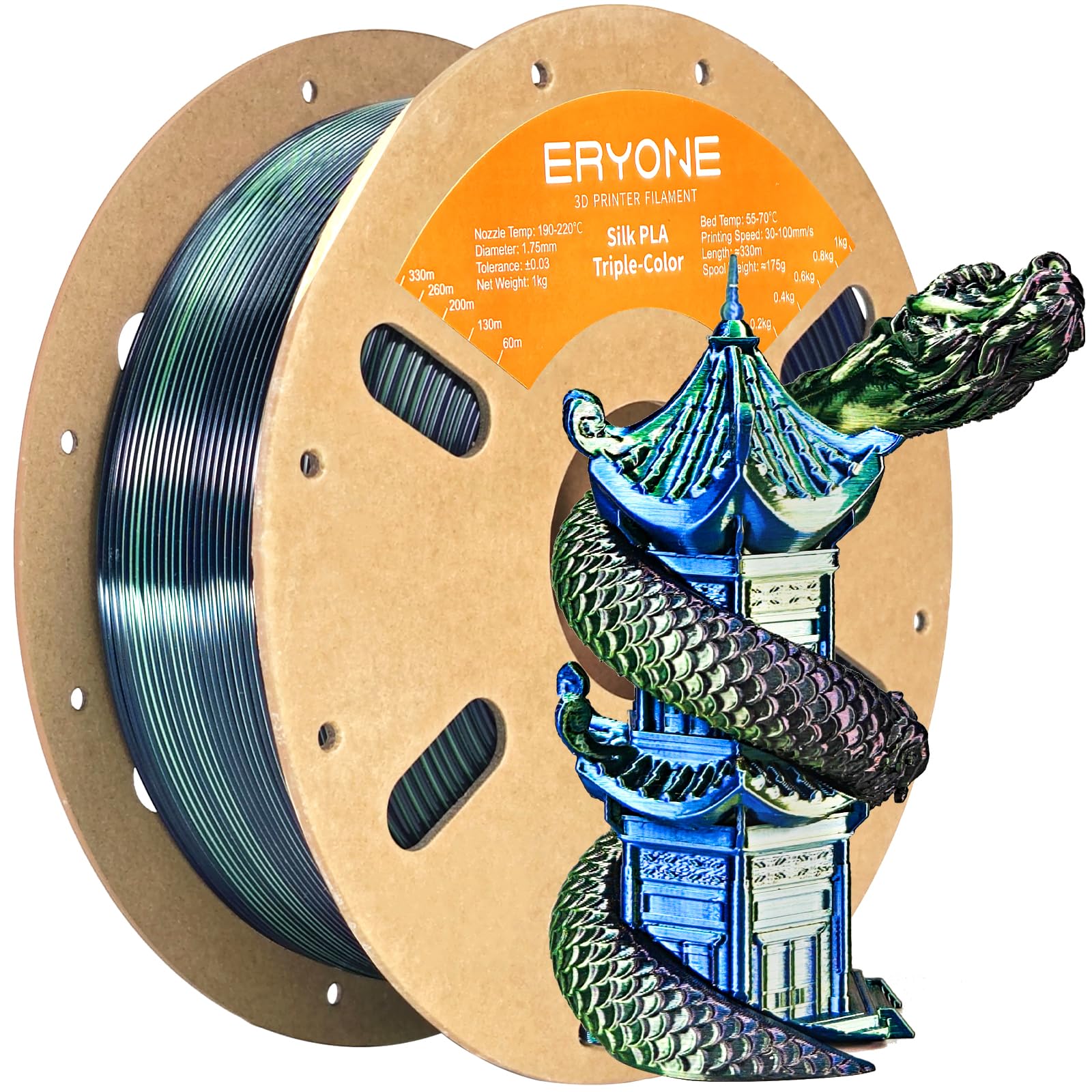 ERYONE Silk Tri Color PLA Filament 3D Printer 1.75mm +/- 0.03mm, Multicolor Filament Tricolor PLA 1KG(2.2lbs) Cardboard Spool, Dark Green &amp; Midnight Blue &amp; Black