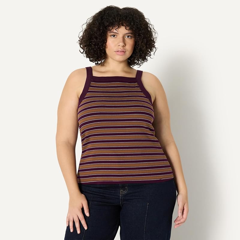 Amazon Essentials Women's Slim-Fit Stretch Rib High-Neck Tank with Wide Ribbed Straps, Burgundy Brown Stripe, Small image 6