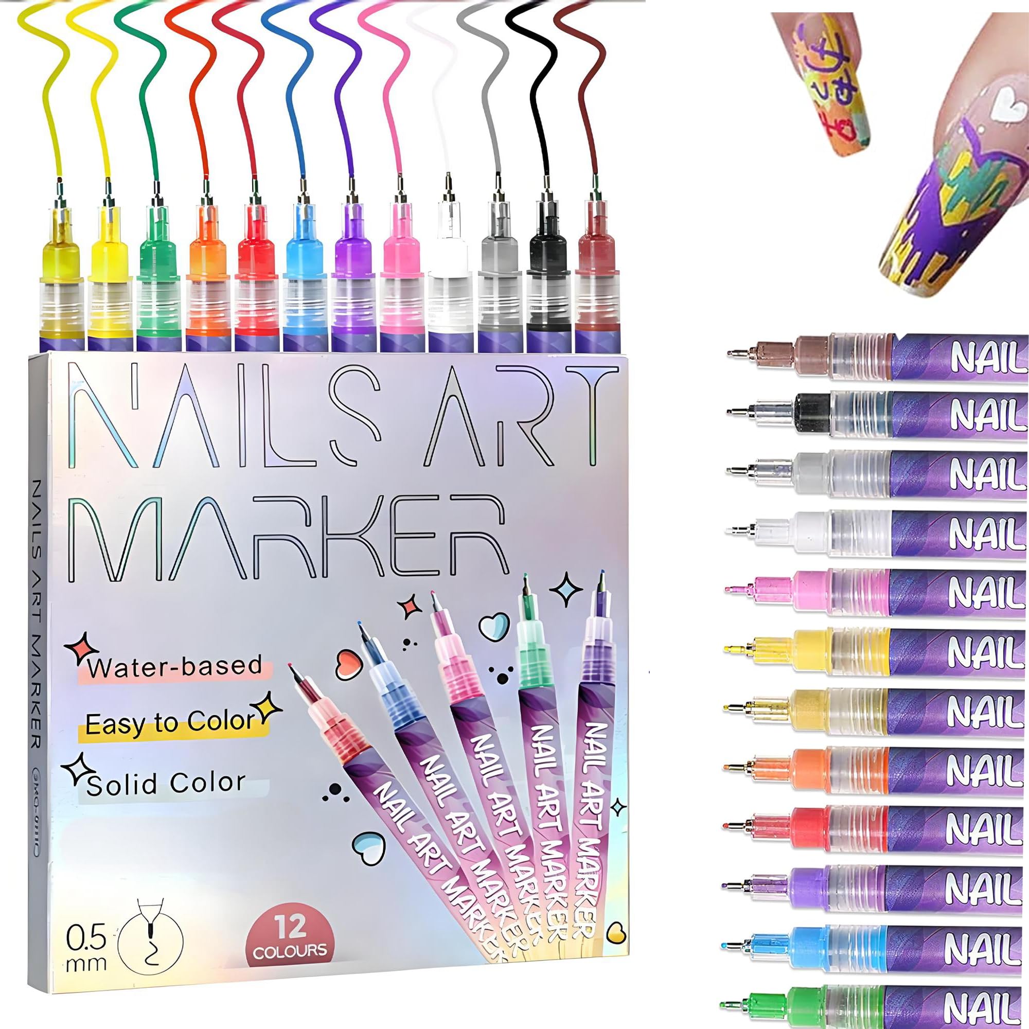 12 Colors Nails Art Pens Set New Nails Art Markers Polish Pen for 3D Nails Art Fine Tip