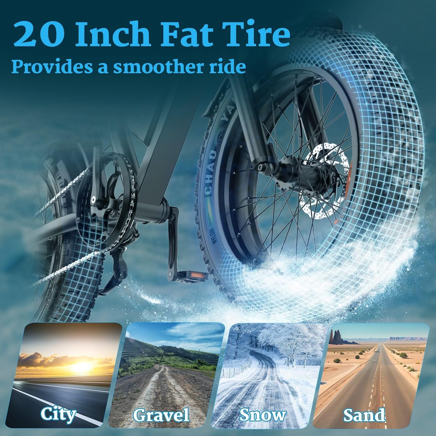20-inch fat tire shown with icons representing different terrains: city, gravel, snow, and sand.