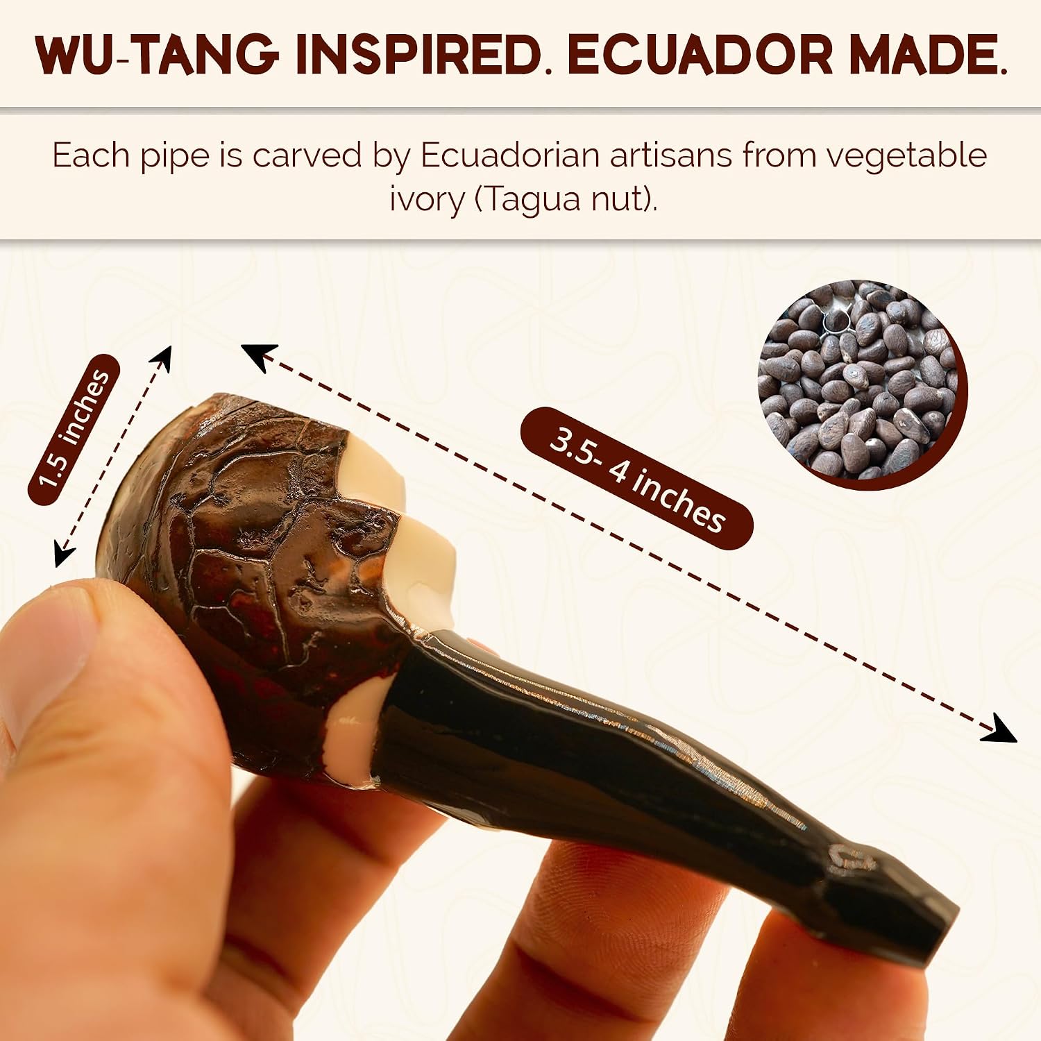 Wu Handmade Smoking Pipe - Organic Tagua Nut Pipe, Unique Art, Eco-Friendly, Hand-Carved, Perfect for Music Fans, Collectors, and DJs (Brown)