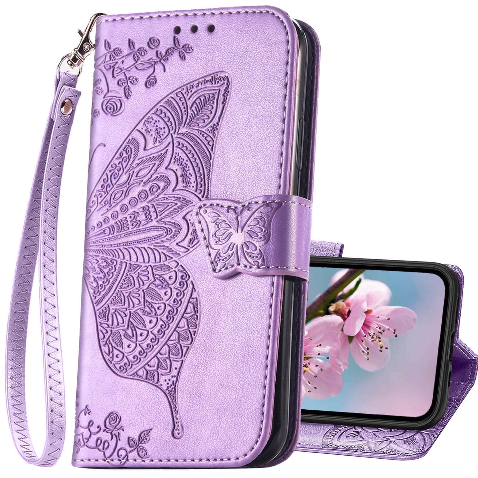 KRHGEIK for iPhone 15 Plus/iPhone 14 Plus Wallet Case for Women,Butterfly Emboss PU Leather Flip Folio Cover Card Holder Stand Phone Case Wallet for iPhone 14 Plus/15 Plus 6.7 Inch (Lavender)