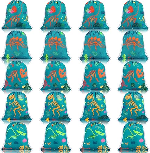 Shappy 20 bolsas de recuerdo de fiesta de dinosaurio con cordón, 5 estilos para niños, dinosaurio, cumpleaños, baby shower, suministros de fiesta,