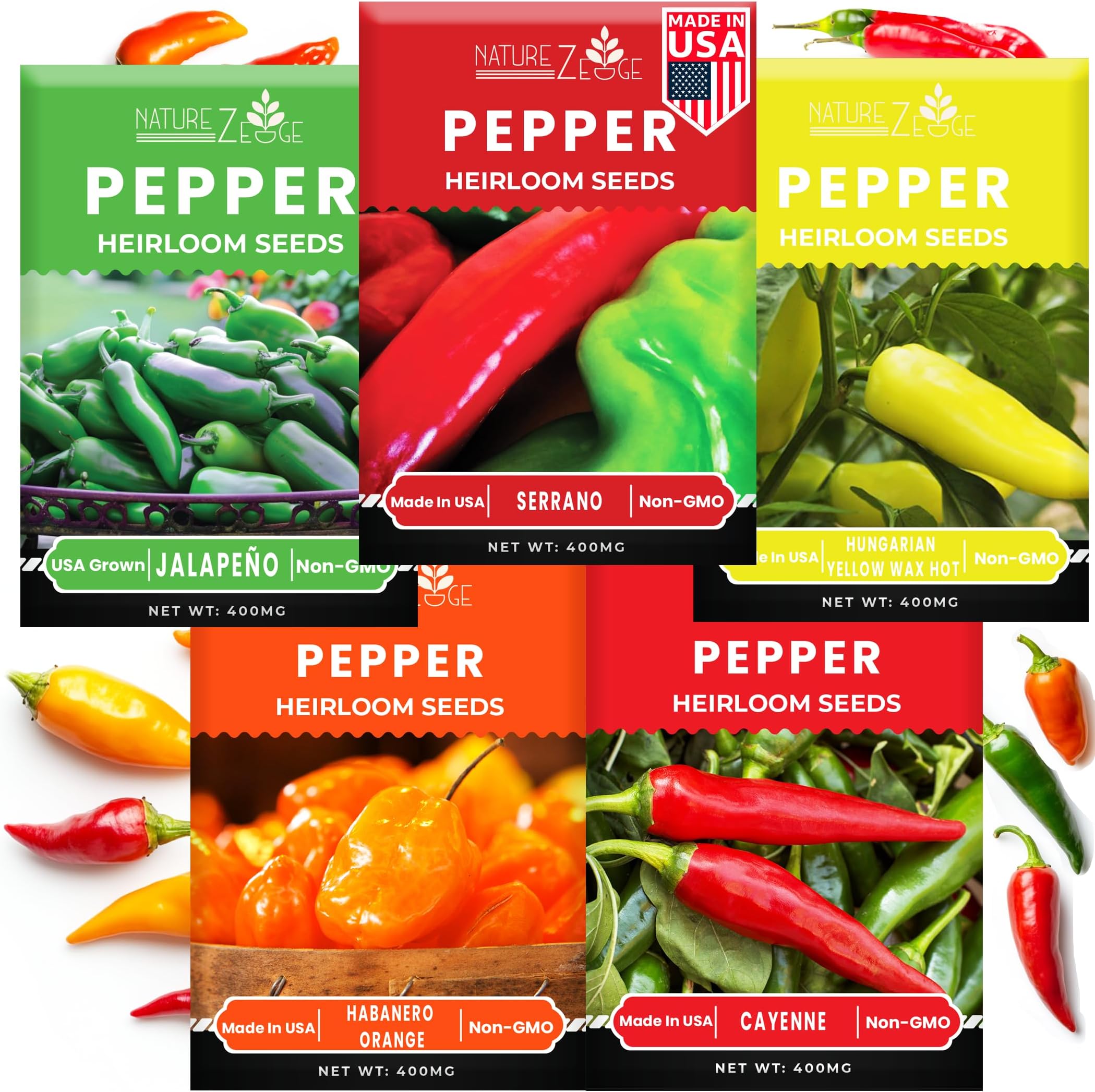 Hot Pepper Seeds for Planting, Cayenne, Hungarian Yellow, Jalapeno, Serrano, Habanero Orange, Heirloom Pepper Seeds Variety Pack, NonGMO, Made in USA