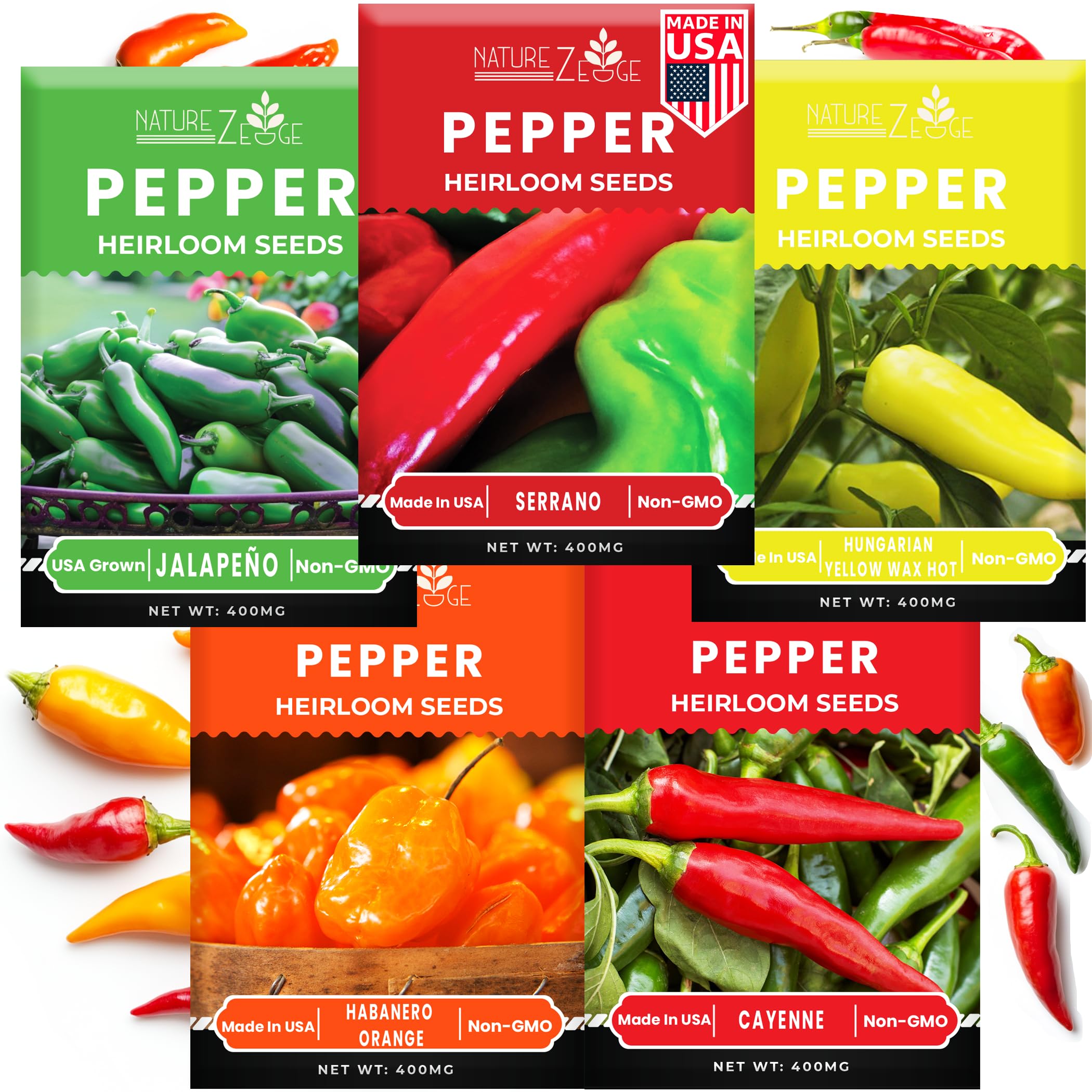 Hot Pepper Seeds for Planting, Cayenne, Hungarian Yellow, Jalapeno, Serrano, Habanero Orange, Heirloom Pepper Seeds Variety Pack, NonGMO, Made in USA
