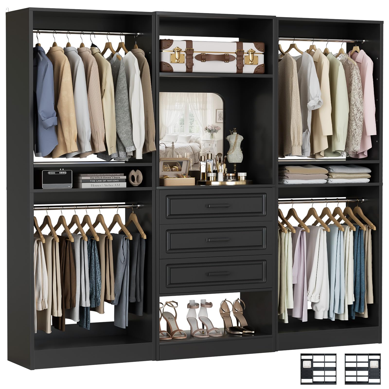 Unikito Modular Closet System with 3 Sets, 75”Closet Organizer System with Drawers, Mirror, Hanging Rods and Adjustable Shelves, Freestanding Wood