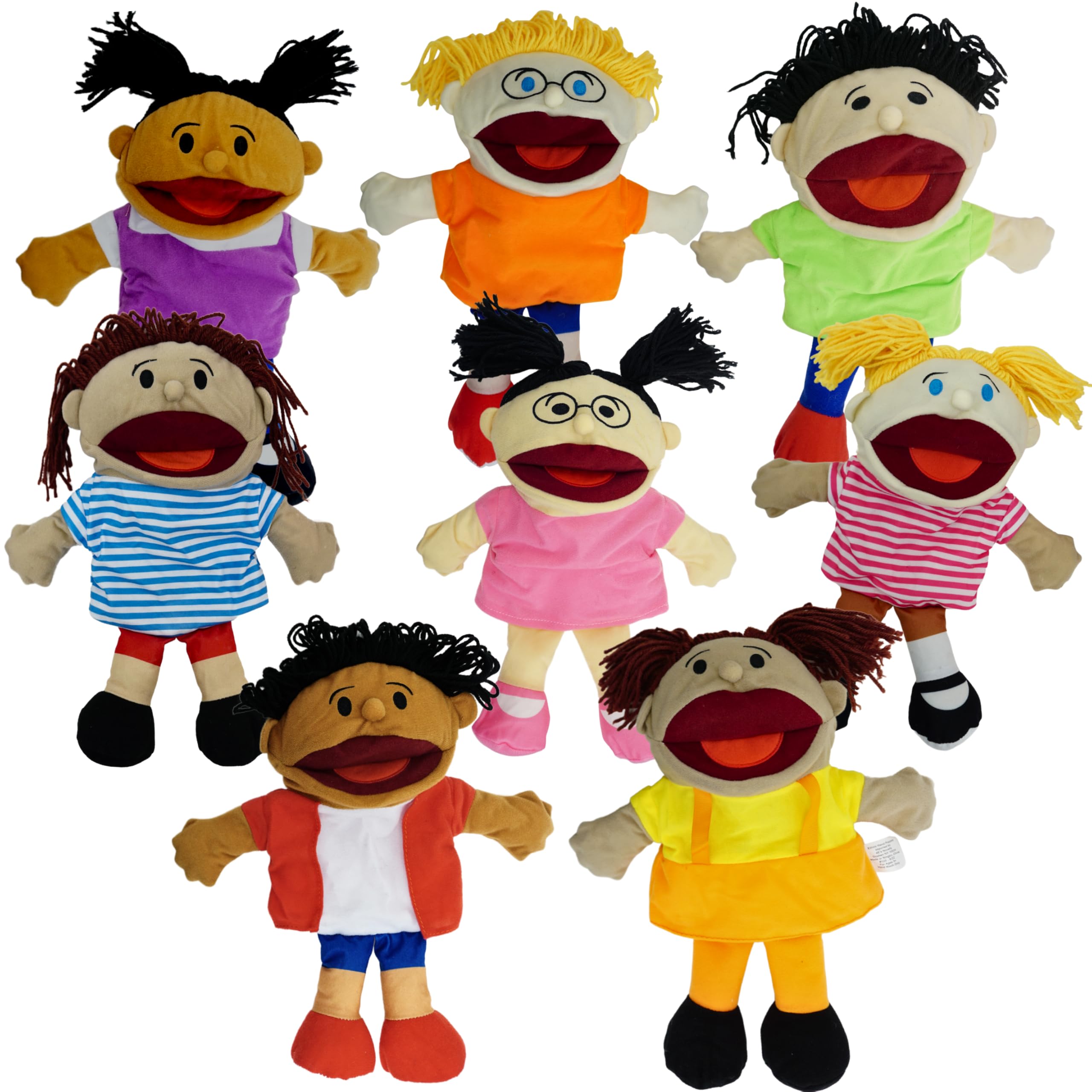 4E's Novelty Multicultural Hand Puppets for Kids - 8 Pack with Movable Mouth, Bulk Soft Plush Puppets for Kids Ages 4-8, for School Home Theater Shows, Teachers Classroom Supplies